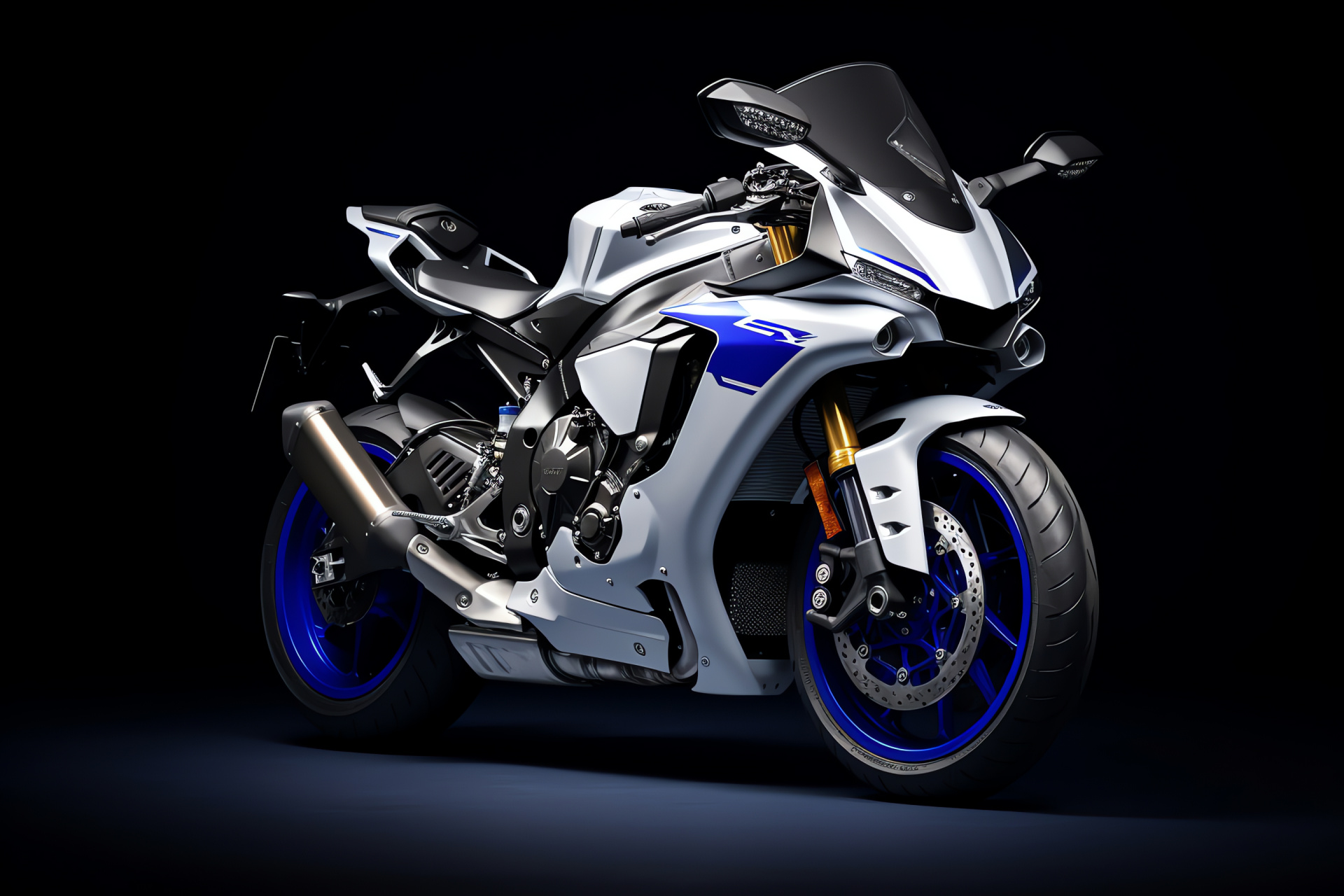 Yamaha R1 2021 edition, Motorcycle view, Contrasting backdrop, Blue and white design, Dynamic angles, HD Desktop Wallpaper