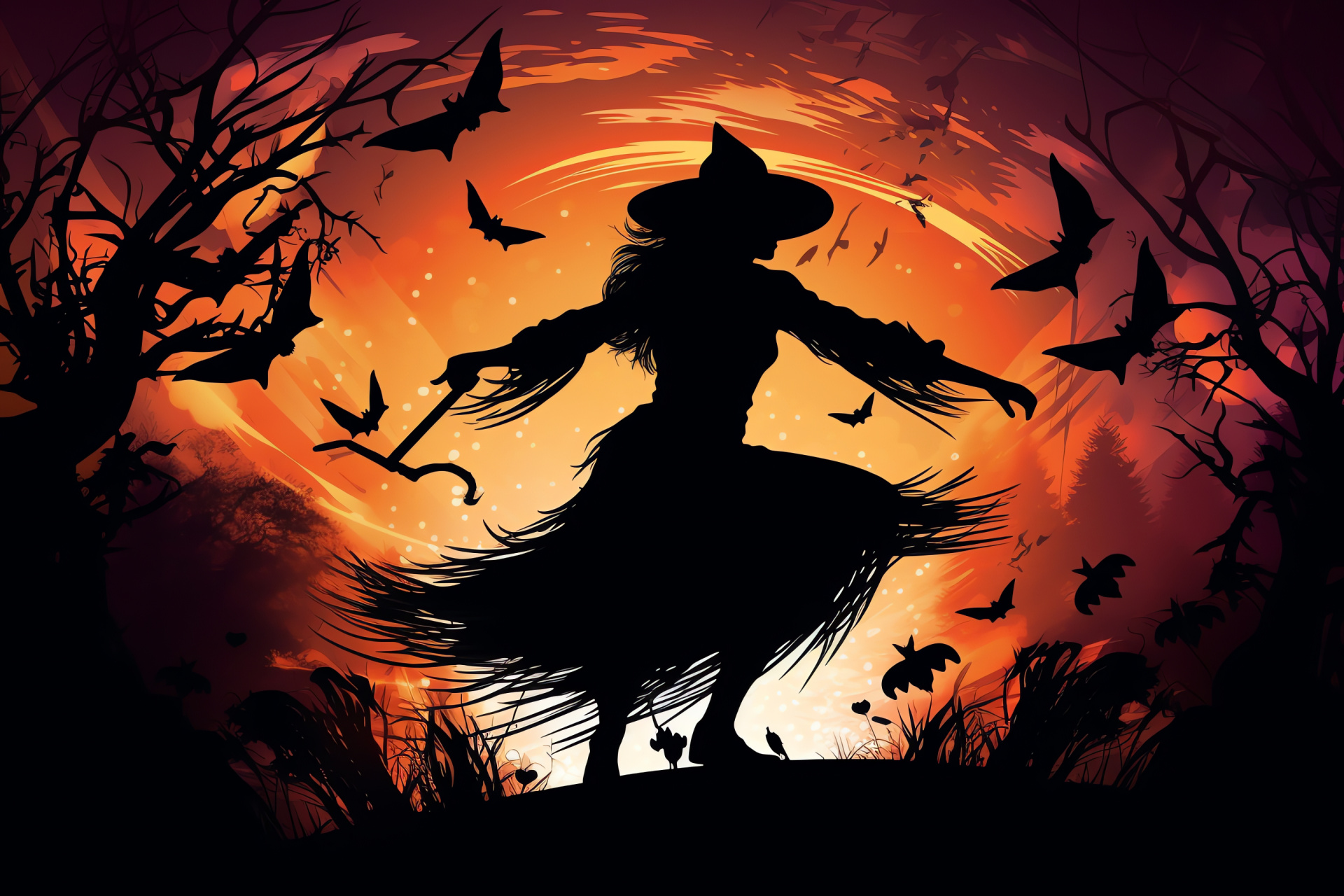 Witch moonlit ascent, broomstick shadow against moon, Halloween magic sparkle, enchantress night flight, mystical folklore, HD Desktop Wallpaper
