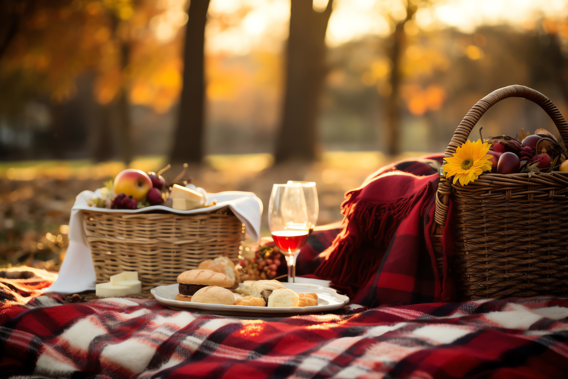 Autumnal Thanksgiving picnic, Countryside serenity, Fall leisure, Cozy plaid warmth, Seasonal leaf fall, HD Desktop Wallpaper