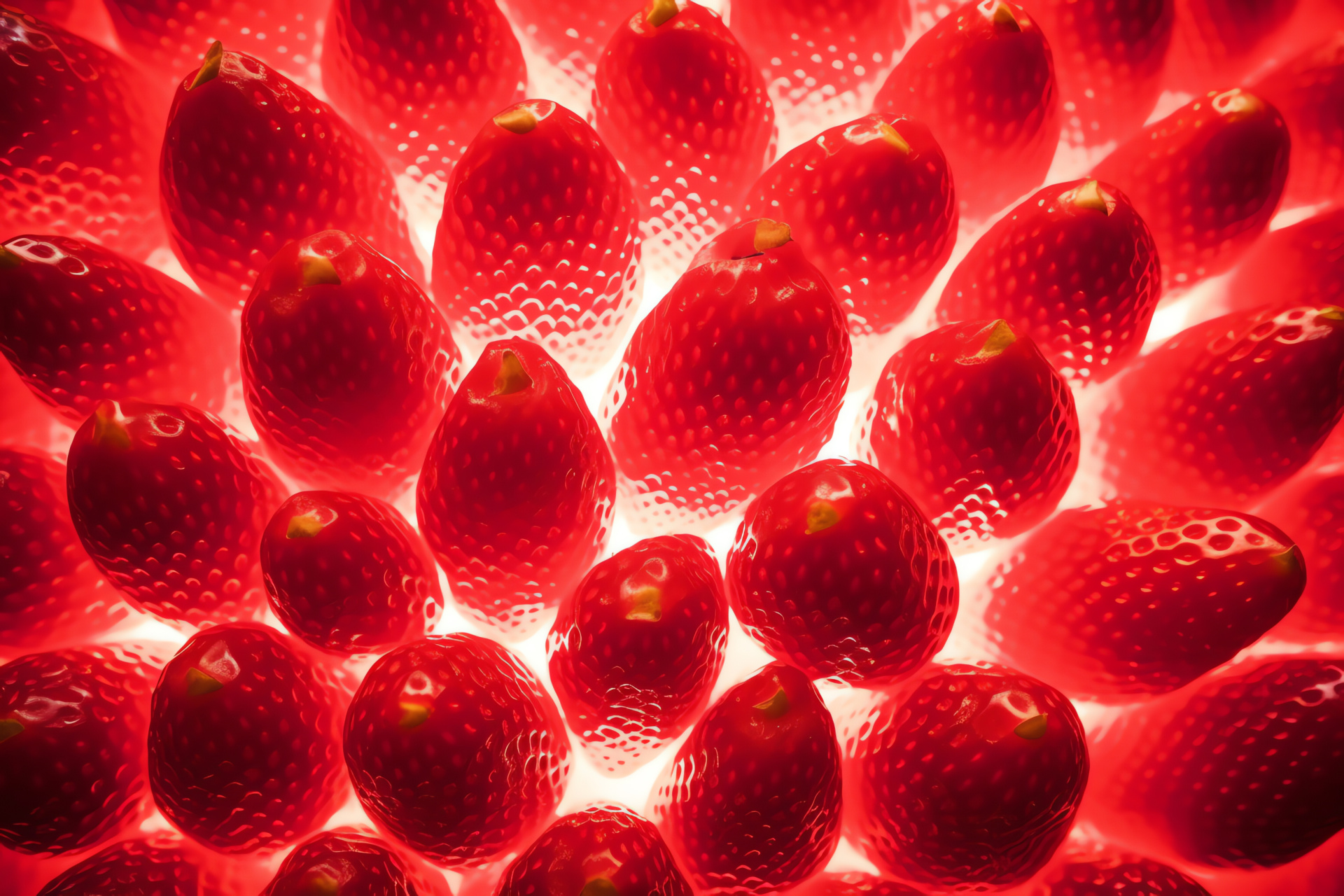 Illuminated strawberries, Dynamic design, Radiant hues, Energetic pattern, Fruit vibrancy, HD Desktop Image