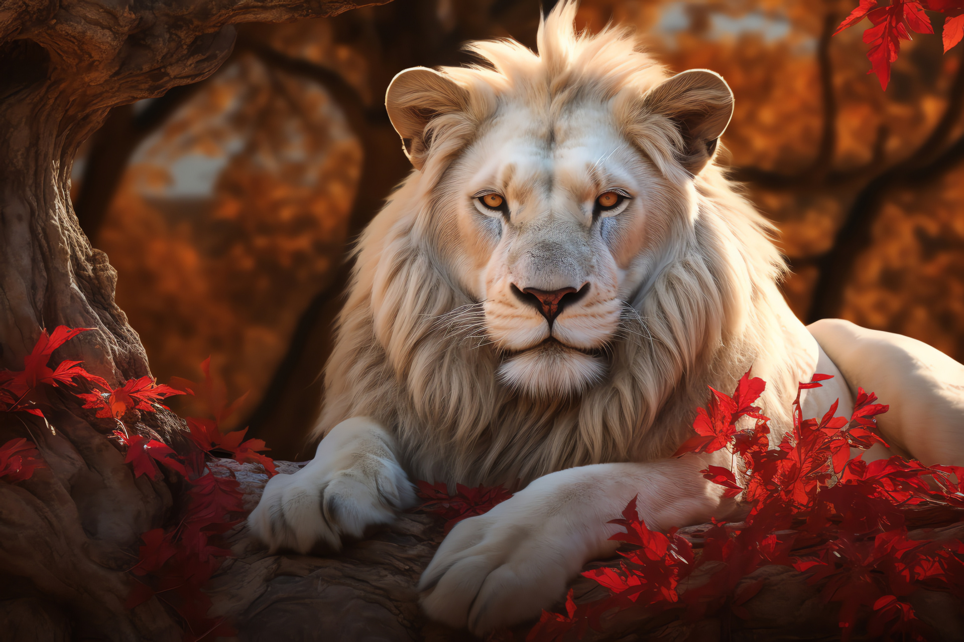 Rare white lion, rufous gaze, crystal mane, russet foliage, timeless baobab, HD Desktop Image