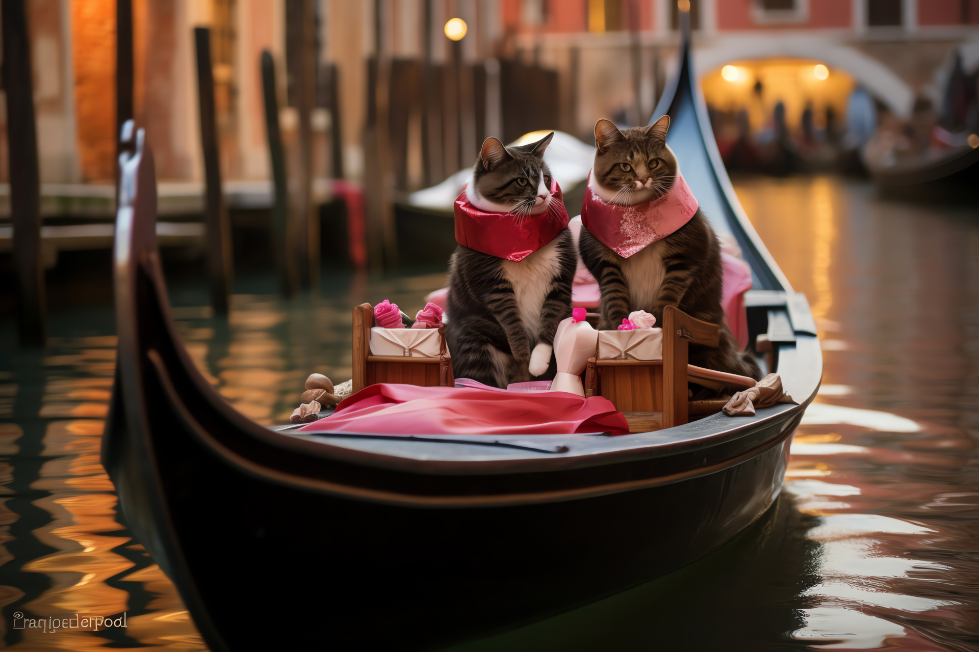Festive felines in gondola, Venetian Valentine's tour, romantic canal journey, Italian holiday ambiance, Valentine city charm, HD Desktop Image