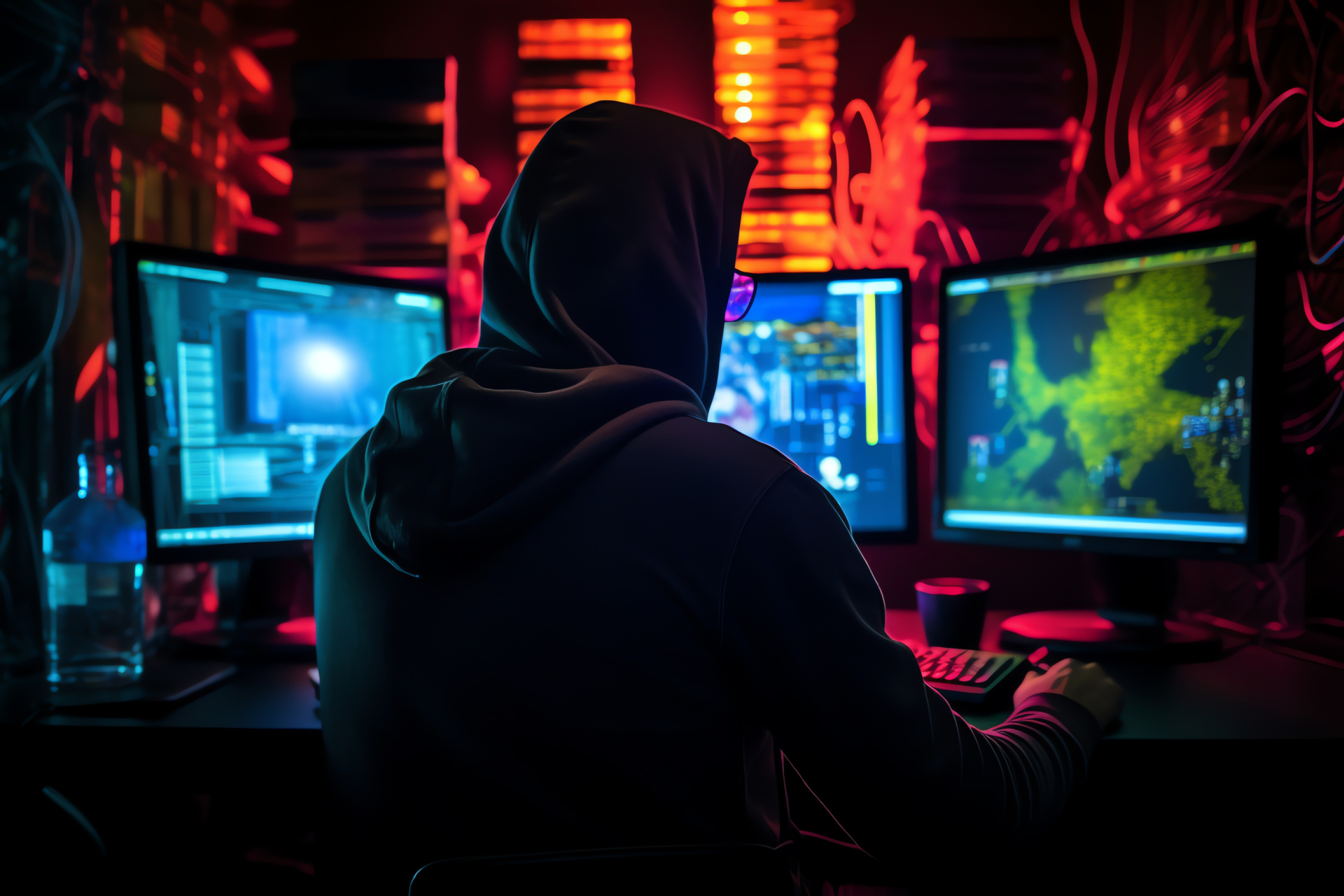 Rebel hacker in workspace, cyber surveillance, secretive digital operation, network security, HD Desktop Wallpaper