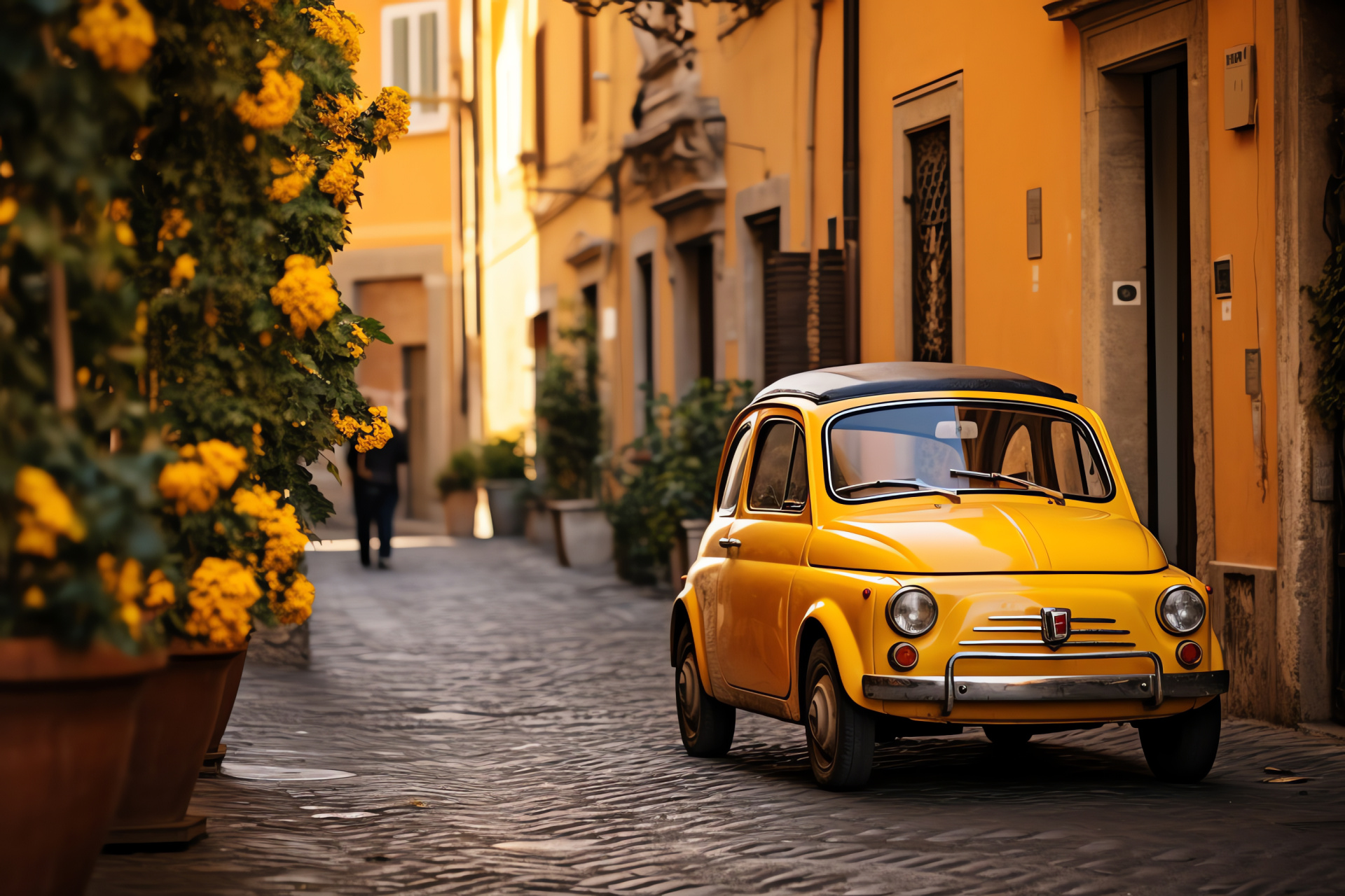 Fiat 500 charm, Rome's ancient routes, Lively yellow touch, Italian car culture, Historic urban tapestry, HD Desktop Image