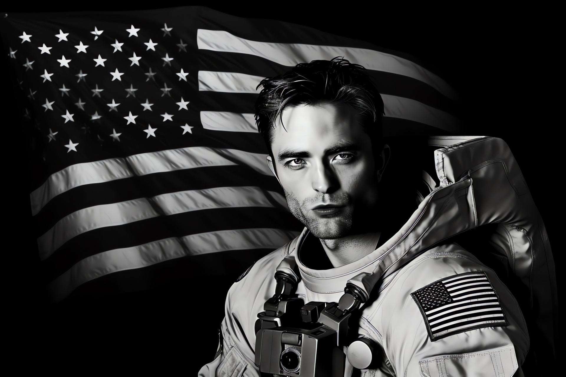 Robert Pattinson, space explorer, cosmic character, celestial backdrop, lunar exploration, HD Desktop Image