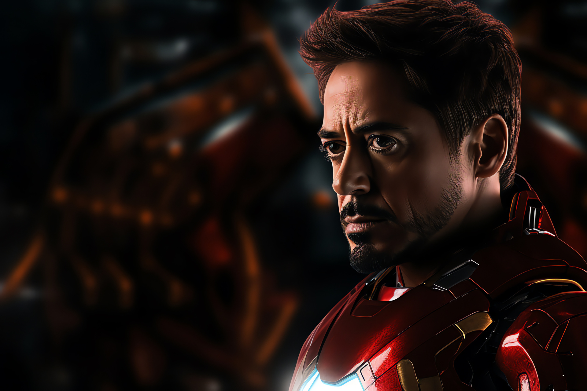 Robert Downey Jr's humorous Iron Man, Jestful superhero, Metallic luster, Superpowered avatar, Iconic burgundy-gold design, HD Desktop Wallpaper