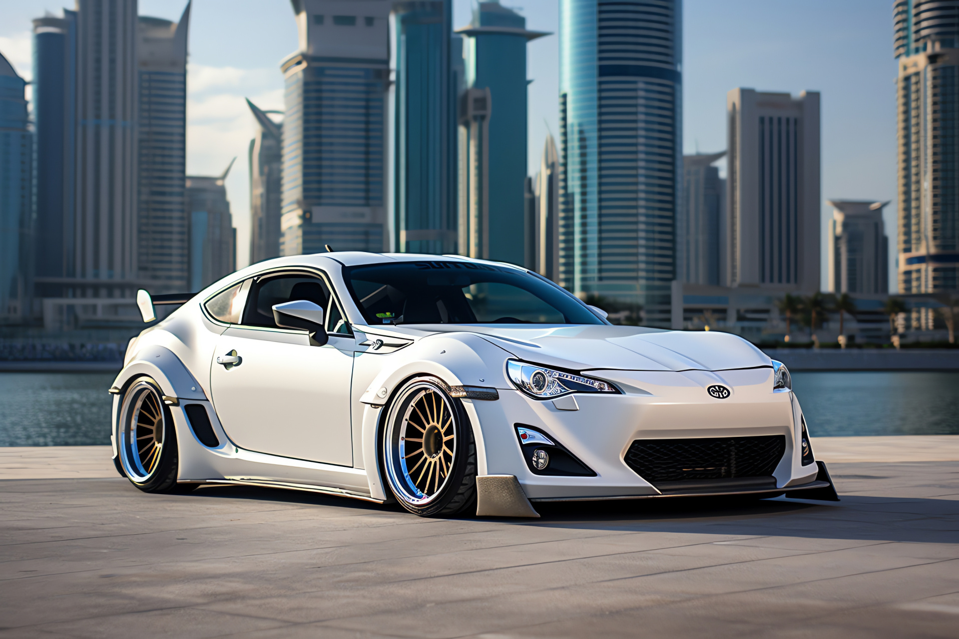 Scion FRS Rocket Bunny kit, Middle Eastern metropolis, Modern automotive style, Urban skyline, Performance coupe, HD Desktop Wallpaper