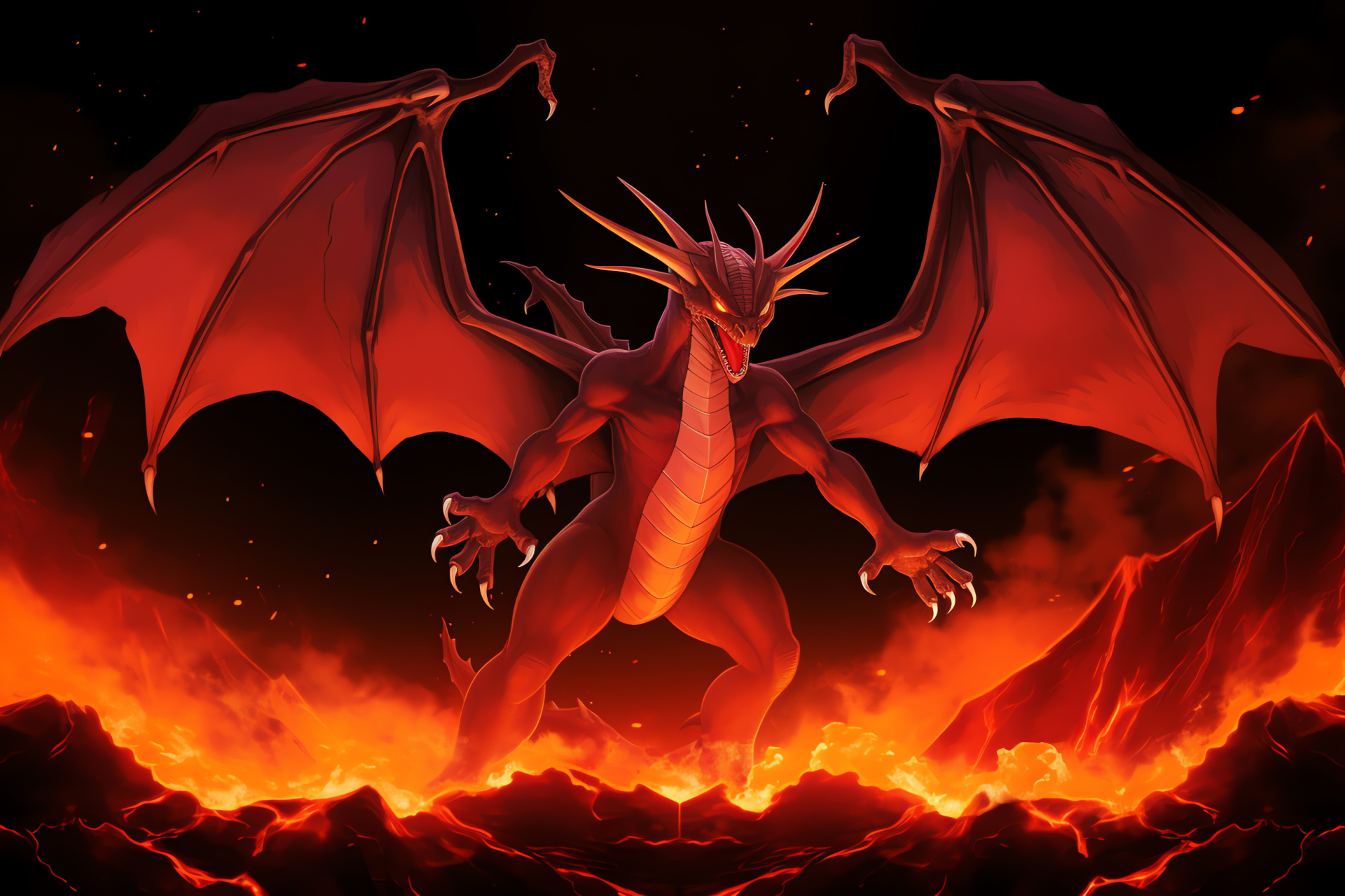 Mega Charizard, Red scales, Intense gaze, Draconic wings, Gaming character, HD Desktop Image
