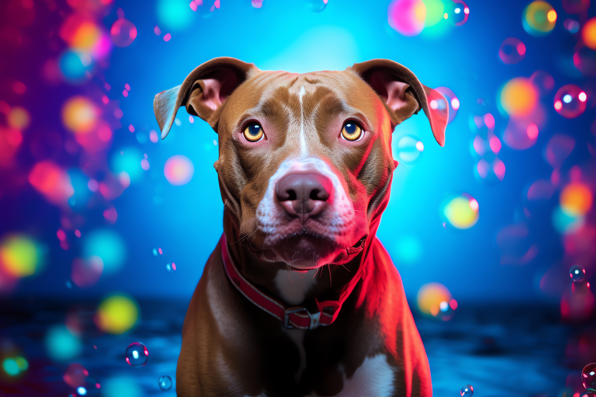 Canine Pit Bull, pet with blue eyes, energetic breed, neon light showcase, spectrum of luminescence, HD Desktop Image