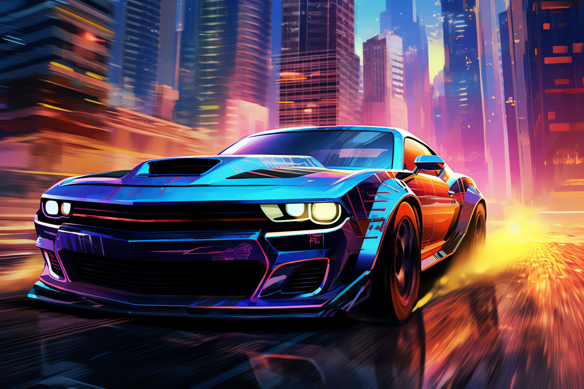 Classic muscle car, Urban skyline harmony, Architectural giants, Expressive velocity, Modern metropolitan marvel, HD Desktop Wallpaper