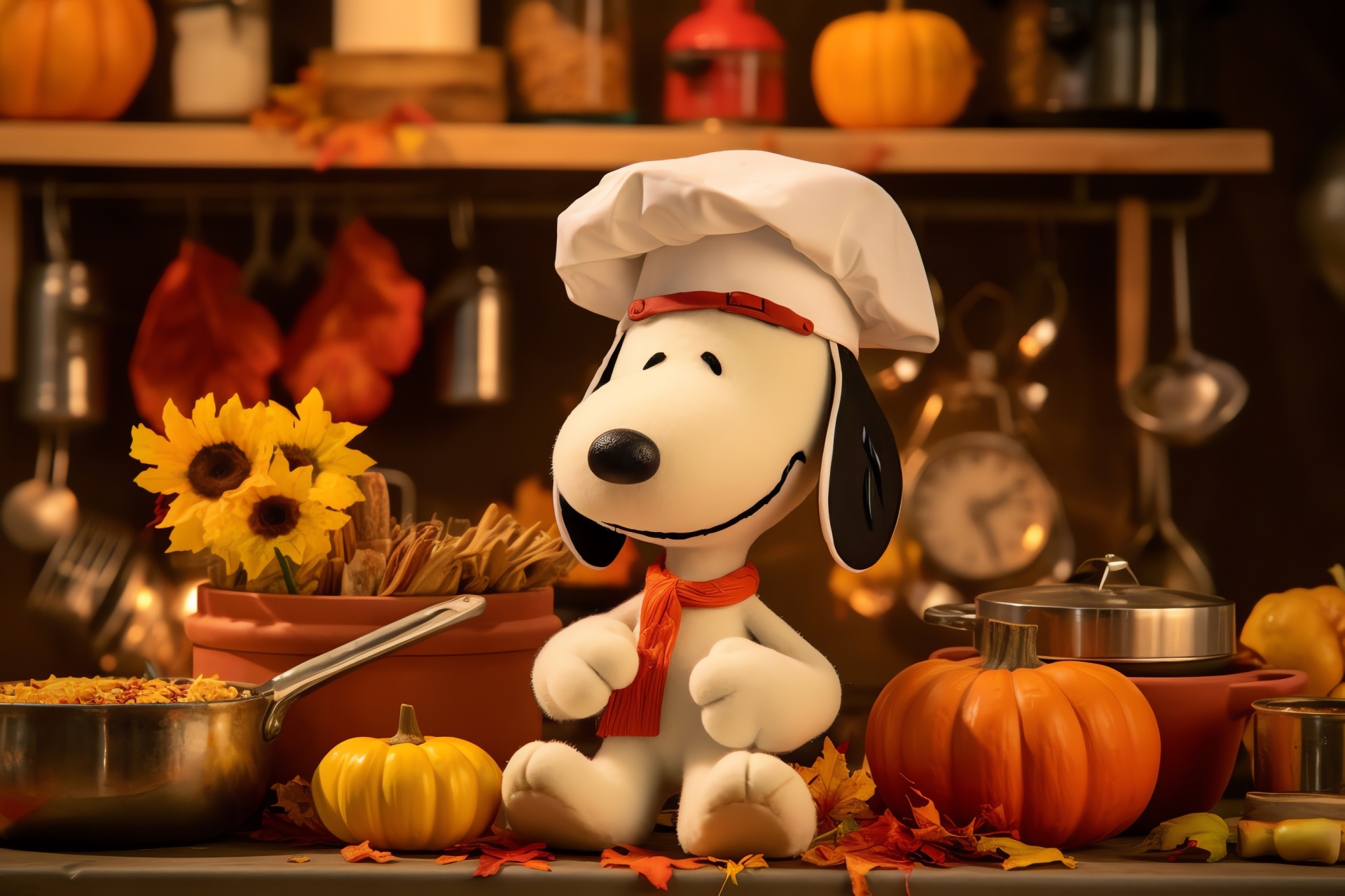 Snoopy and feast, Animated camaraderie, Festive cookery, Thanksgiving preparations, Lively domestic scene, HD Desktop Wallpaper