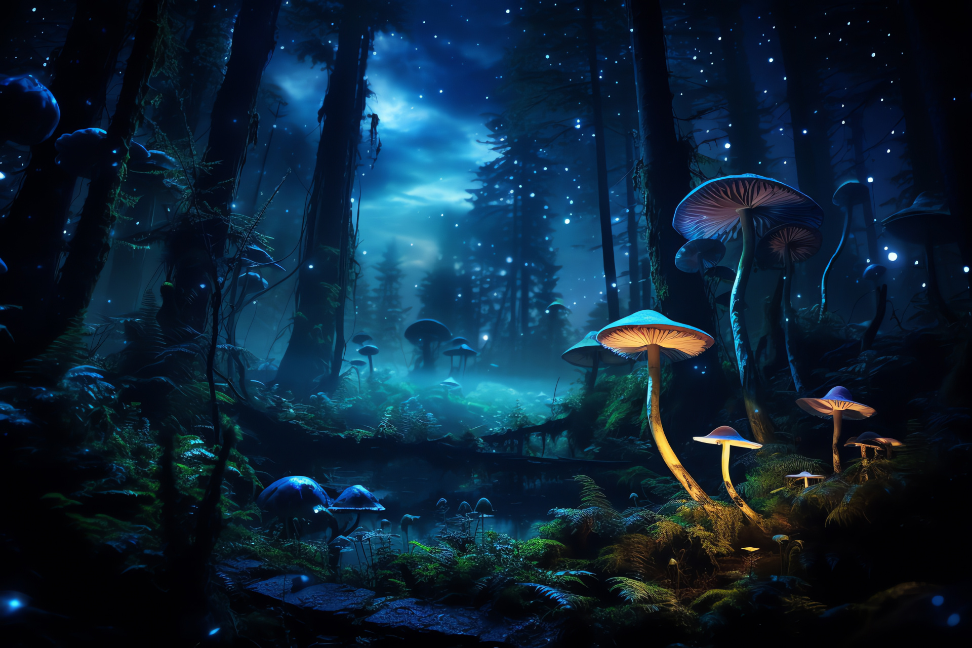 Woodland nocturne, Bioluminescent flora, Forestry serenity, Lunar influence, Nature's luminescence, HD Desktop Image