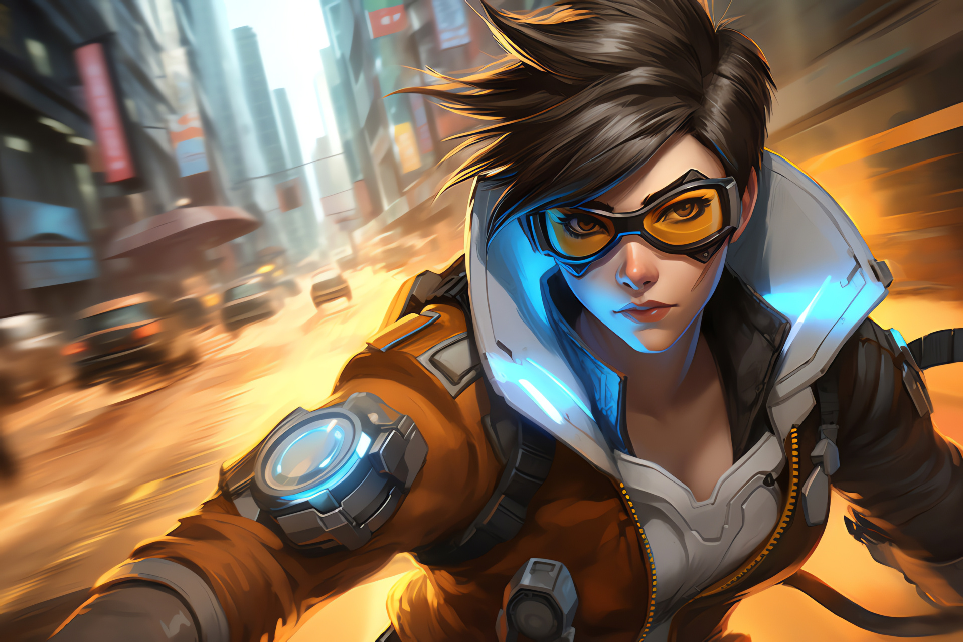 Gaming phenomenon Overwatch, Time manipulator Tracer, Dystopian metropolis, Undercover plot, Virtual escapades, HD Desktop Image