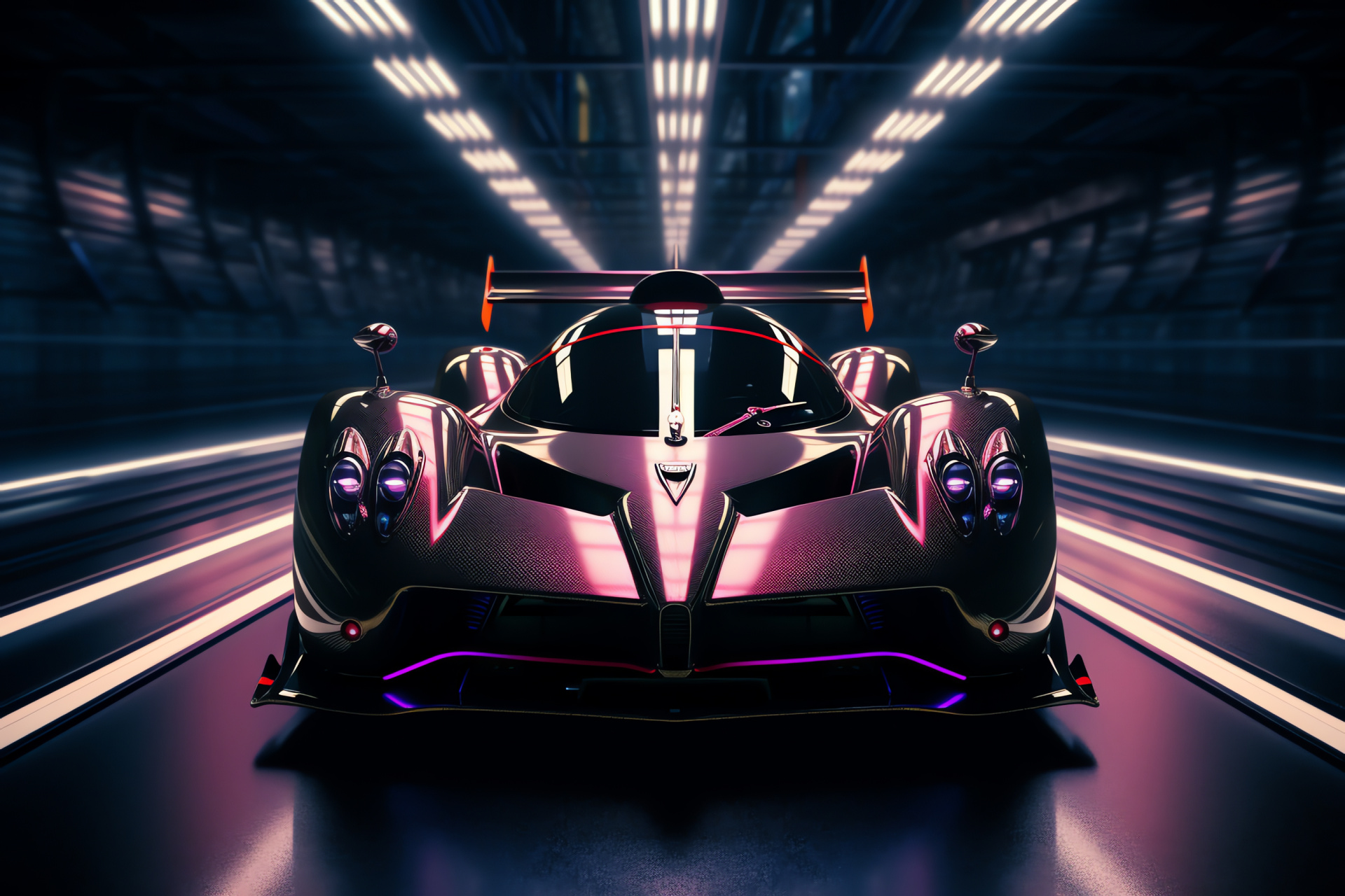 Pagani Zonda F futurism, Tunnel illumination glow, Headlight beam capture, Neon urban journey, Zonda luminescence, HD Desktop Image