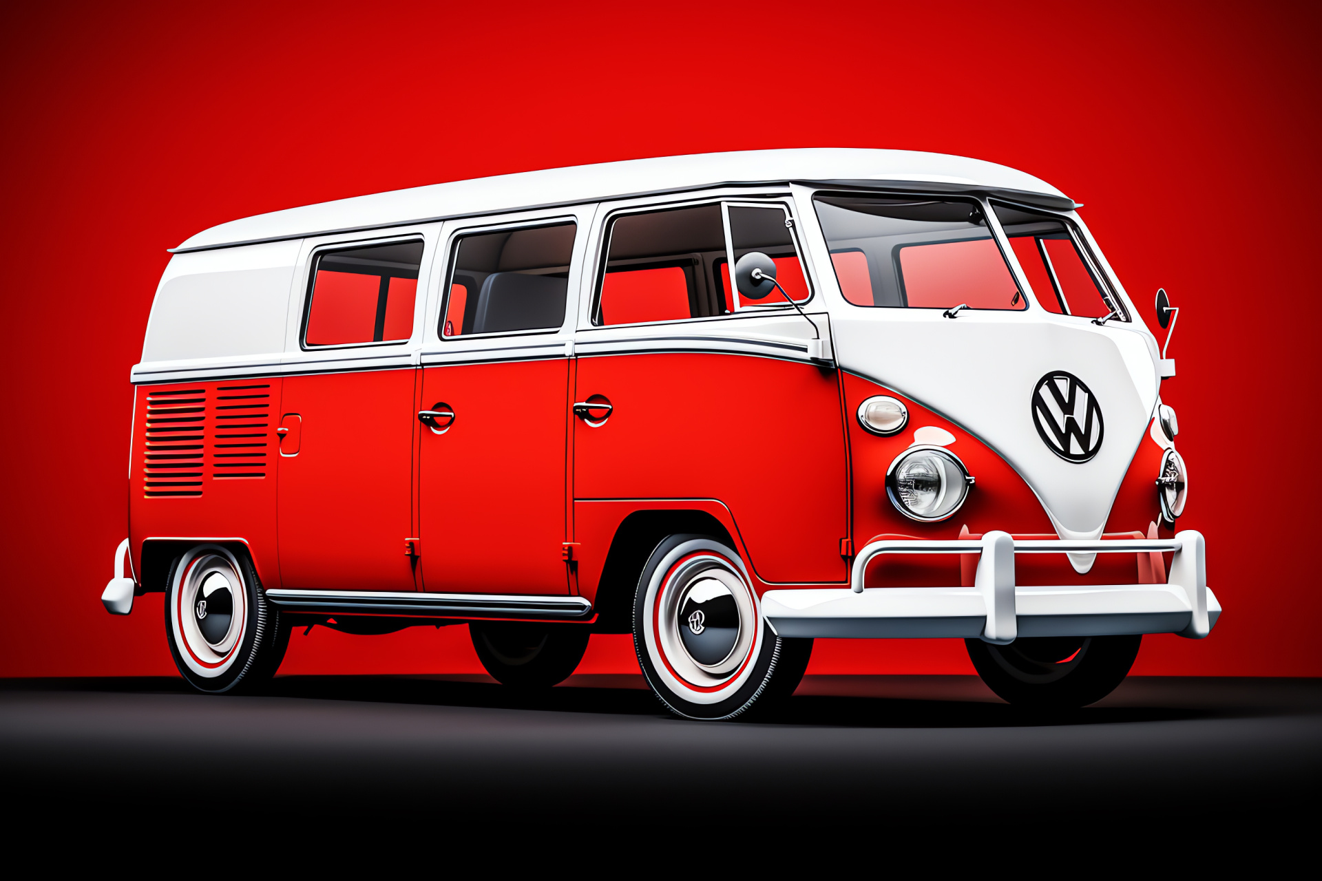 VW Bus T1 Pick-Up, Double Cab model, pearl white polish, crimson canvas contrast, HD Desktop Wallpaper