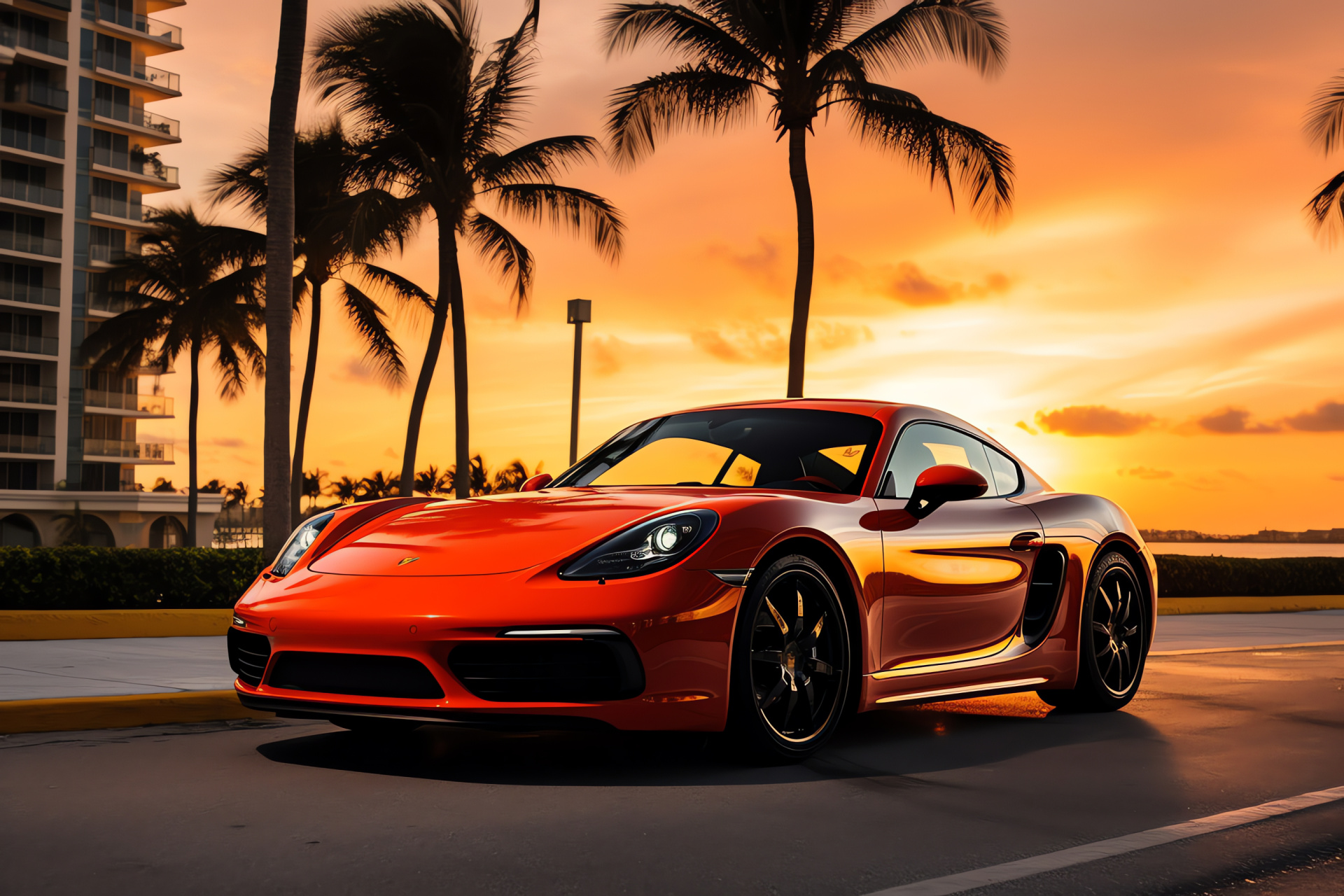 Porsche Cayman GTS 718 in Miami, Vibrant orange exterior, Oceanfront roads, Sunset ambiance, Coastal luxury, HD Desktop Image