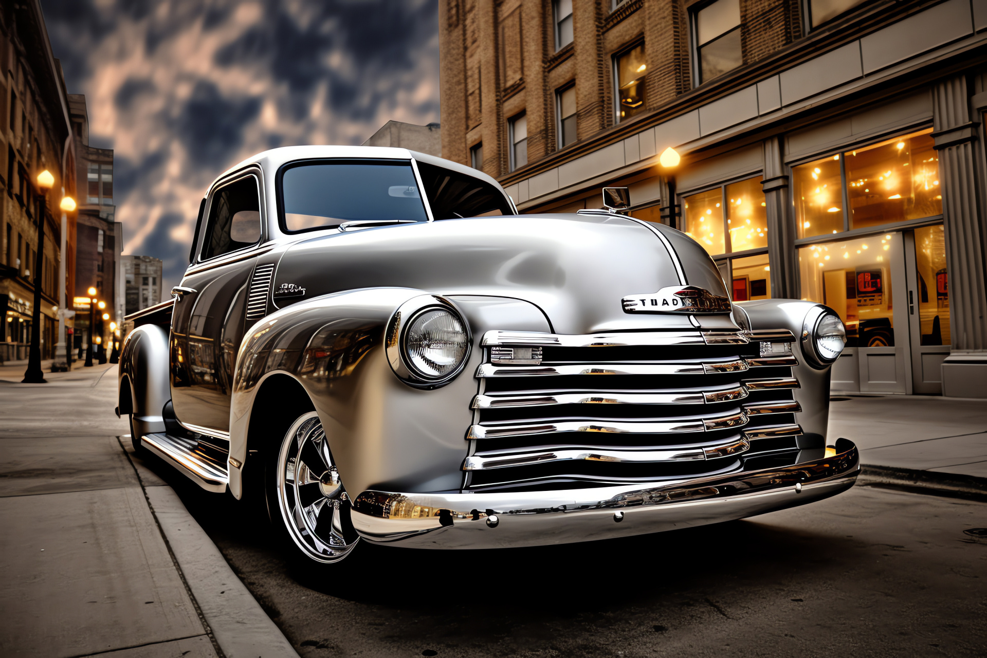 Chevy Pickup charm, Urban roads, Vintage design, Lustrous trim, Circular headlamps, HD Desktop Wallpaper