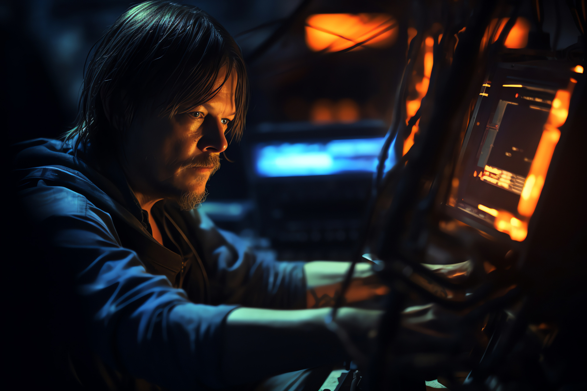 Norman Reedus, intimate angle, enigmatic set, screen monitoring, dark ambiance, HD Desktop Wallpaper
