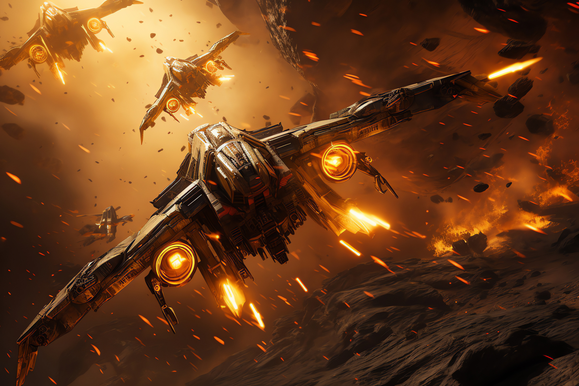 Stellar agression, Dynamic space expressions, Spacecraft dogfighting, Gold-hued explosions, Lethal combat, HD Desktop Image