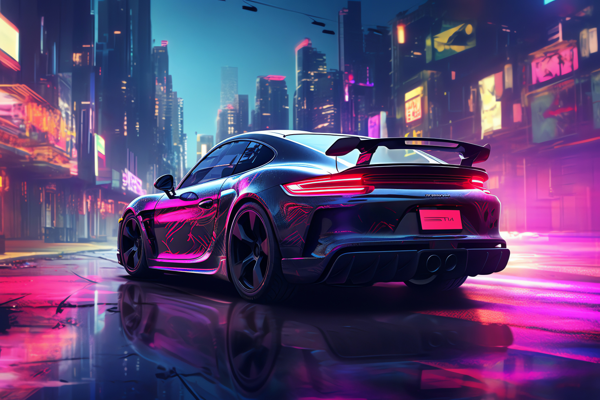 Porsche sports coupe, 718 Cayman GT4, Neon cyber environment, Elevated cityscape view, Luminous urban scene, HD Desktop Image