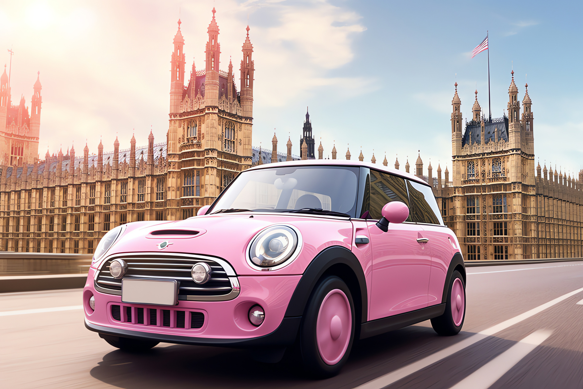 Pink Mini Cooper in London, City traffic scene, British car culture, Iconic UK landmarks, Metropolitan roads, HD Desktop Wallpaper