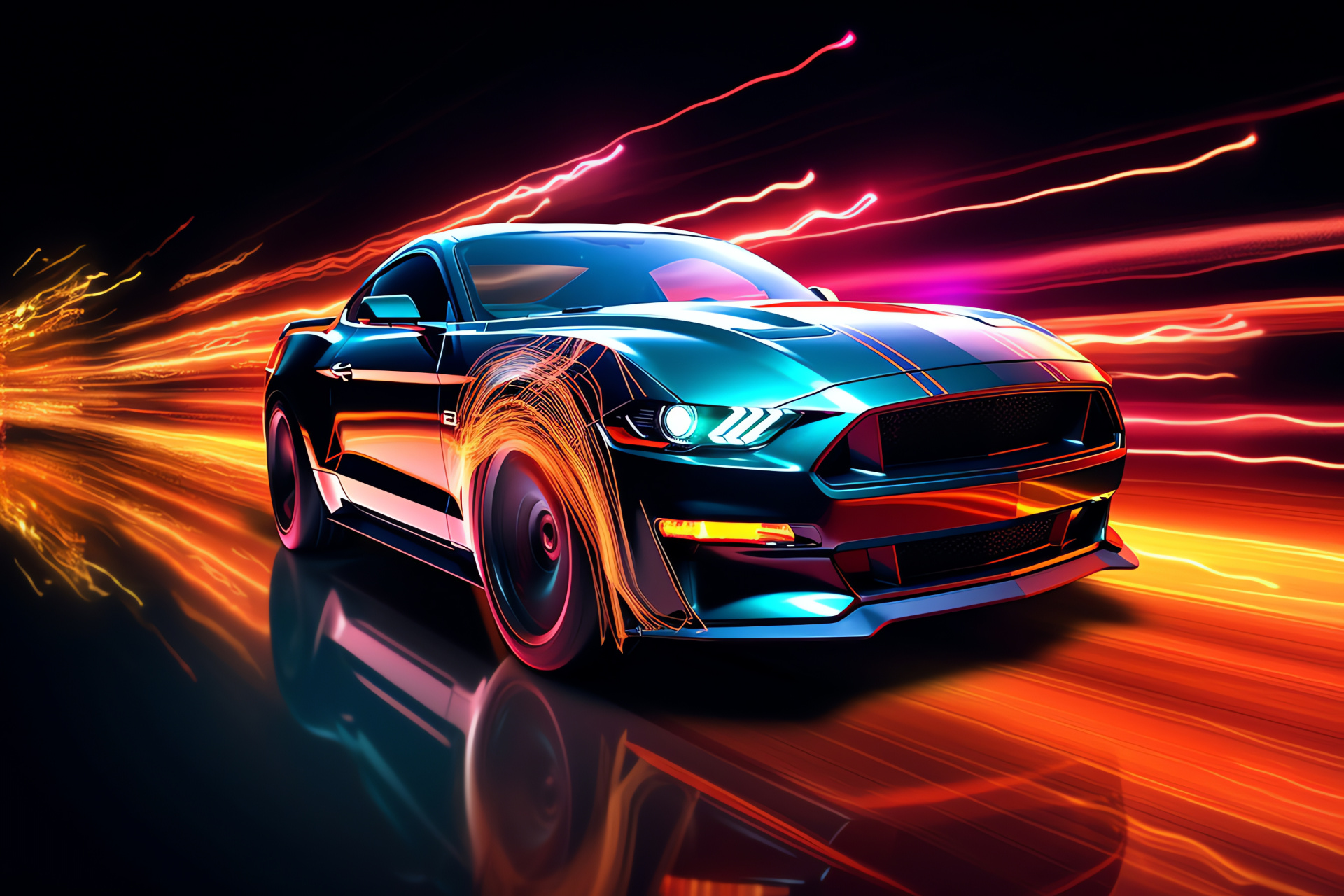 Mustang ambiance, Neon contour lighting, Expansive view, Colorful light play, Automotive grace, HD Desktop Image