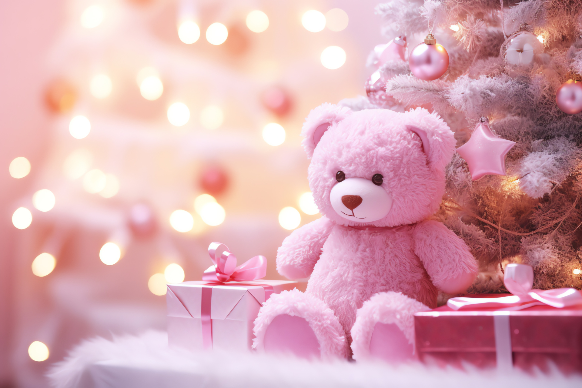 Pink-themed holiday room, Christmas tree with pastel ornaments, Cozy seasonal ambiance, Snowy winter scene, HD Desktop Wallpaper