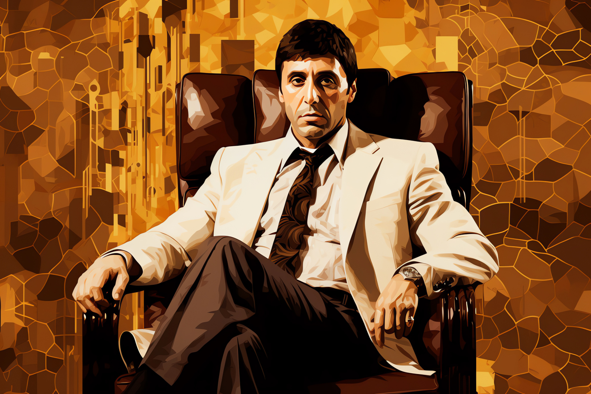 Scarface artwork, Tony Montana figure, custom mural, artistic impression, character's gaze, HD Desktop Wallpaper