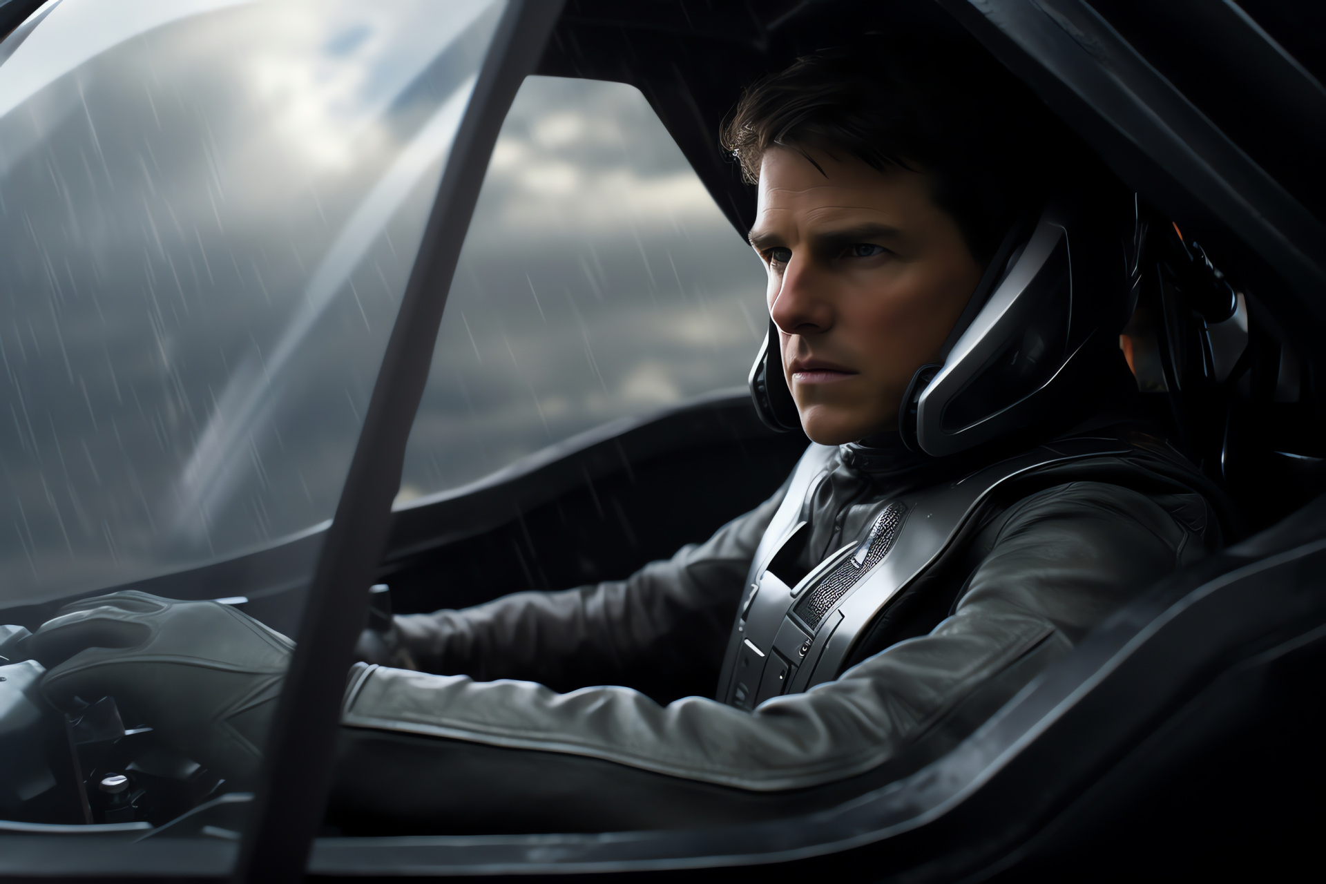 Futuristic Oblivion view, Protagonist pilot, Actor Tom Cruise, Vehicle design, Skyward machine, HD Desktop Image