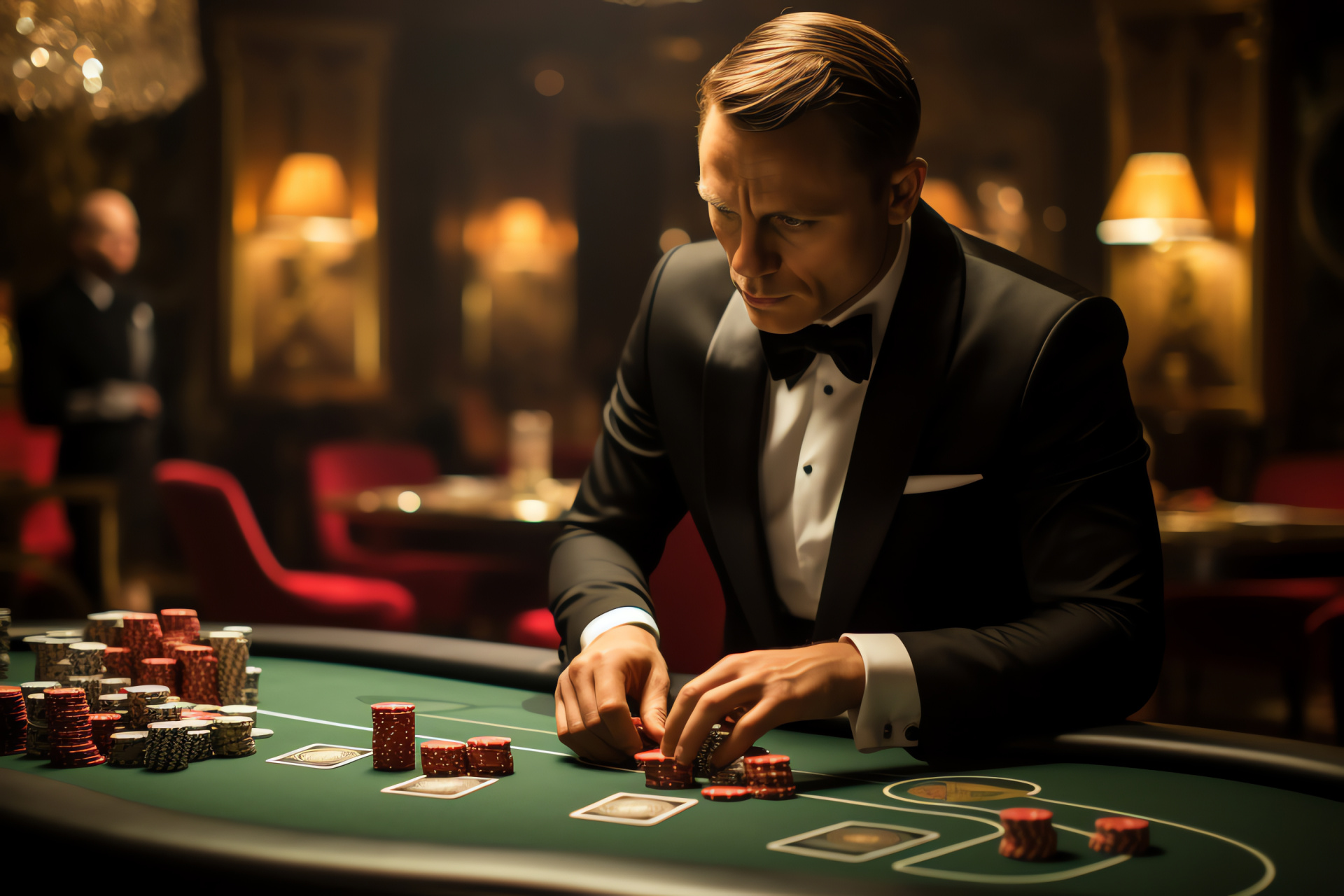 James Bond casino, Espionage encounter, Gambling antagonist, Elegant atmosphere, High-stakes game, HD Desktop Wallpaper