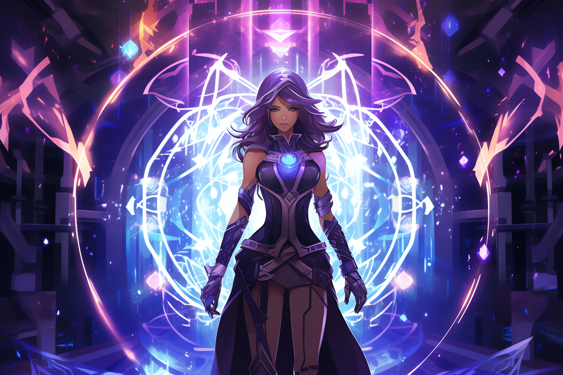 Pantheon's mysterious LeBlanc, Mage game character, Violet-eyed illusionist, Confident sorceress, Royal bearing, HD Desktop Image