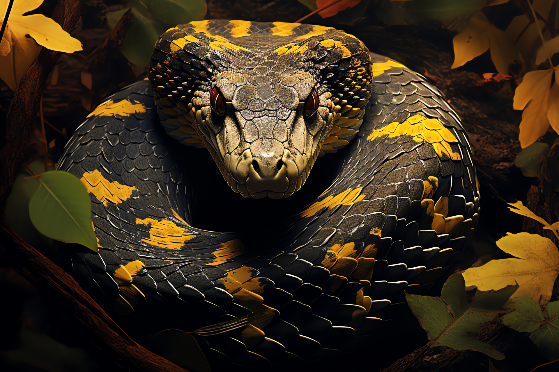 Timber Rattlesnake camouflage, deciduous habitat, reptilian rosettes, cryptic coloration, HD Desktop Image