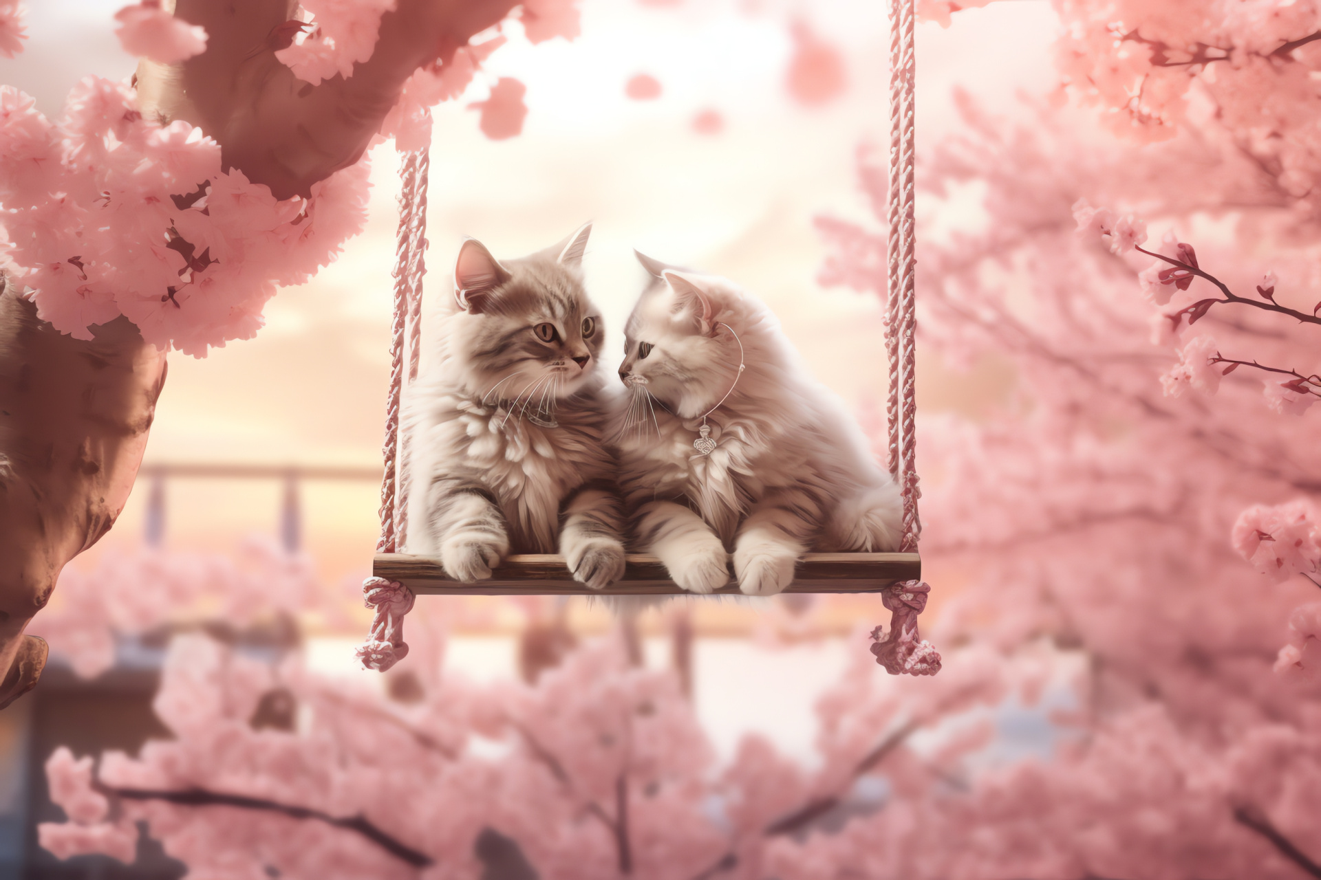 Loving felines, Single pet, Floral perch, Blossoming arbor, Decorative hearts, HD Desktop Wallpaper