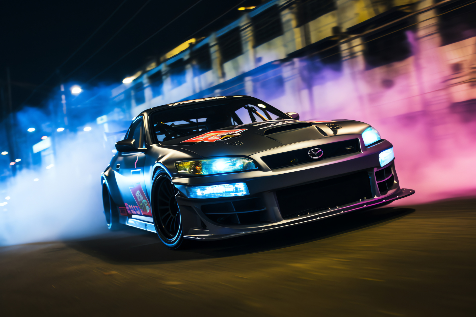 S15 Silvia drifting, Tokyo motorsport, curve navigation, exhaust smoke, illuminated district, HD Desktop Image