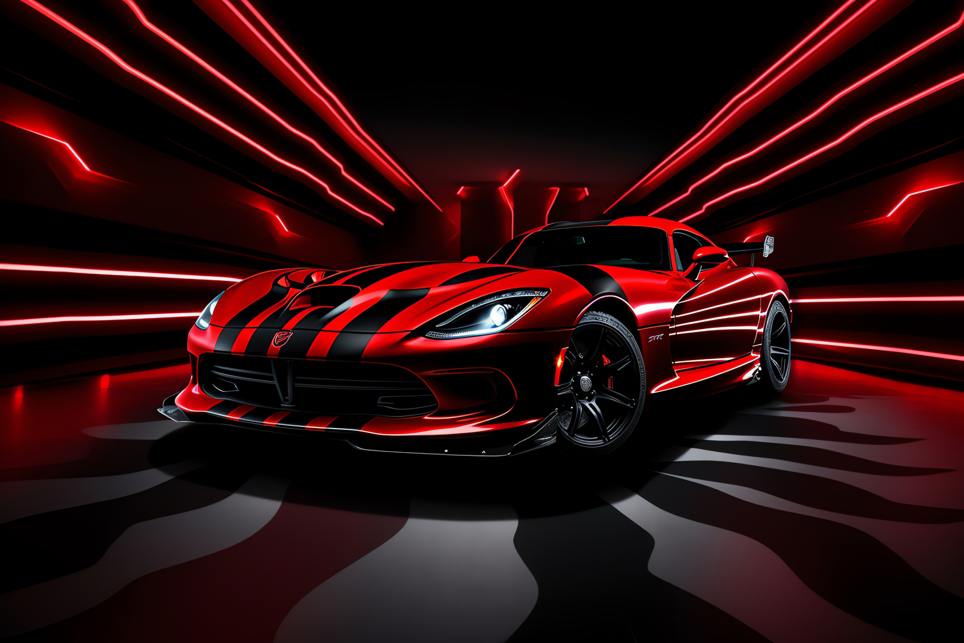 Viper ACR panorama, radiant red sportscar, glowing motif, adrenaline-filled ride, sleek iconic shape, HD Desktop Wallpaper