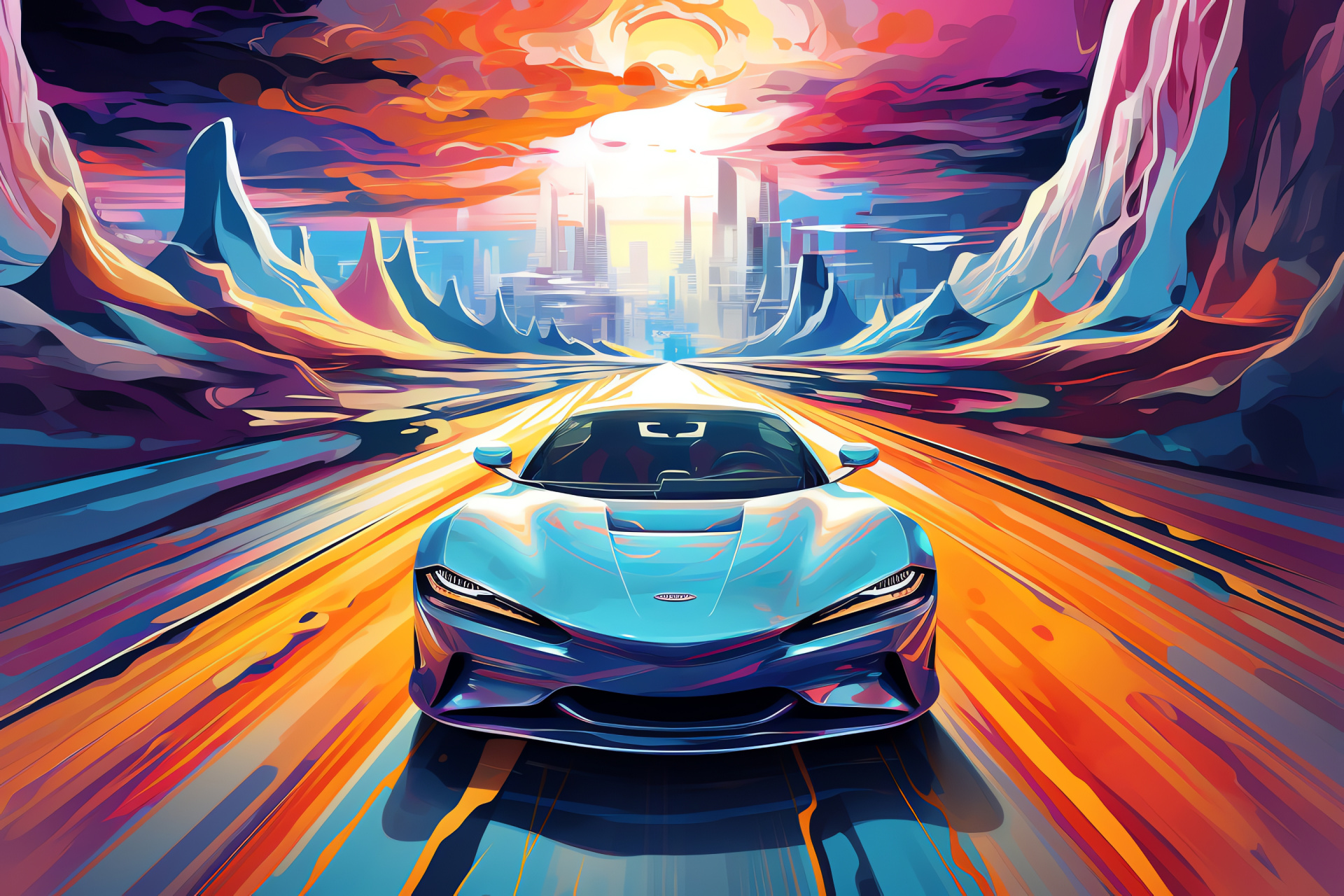 Sportscar outlook front, Fictional scape surreal, High-performance auto model, Crystal-resembling environment, Racing ambition, HD Desktop Wallpaper