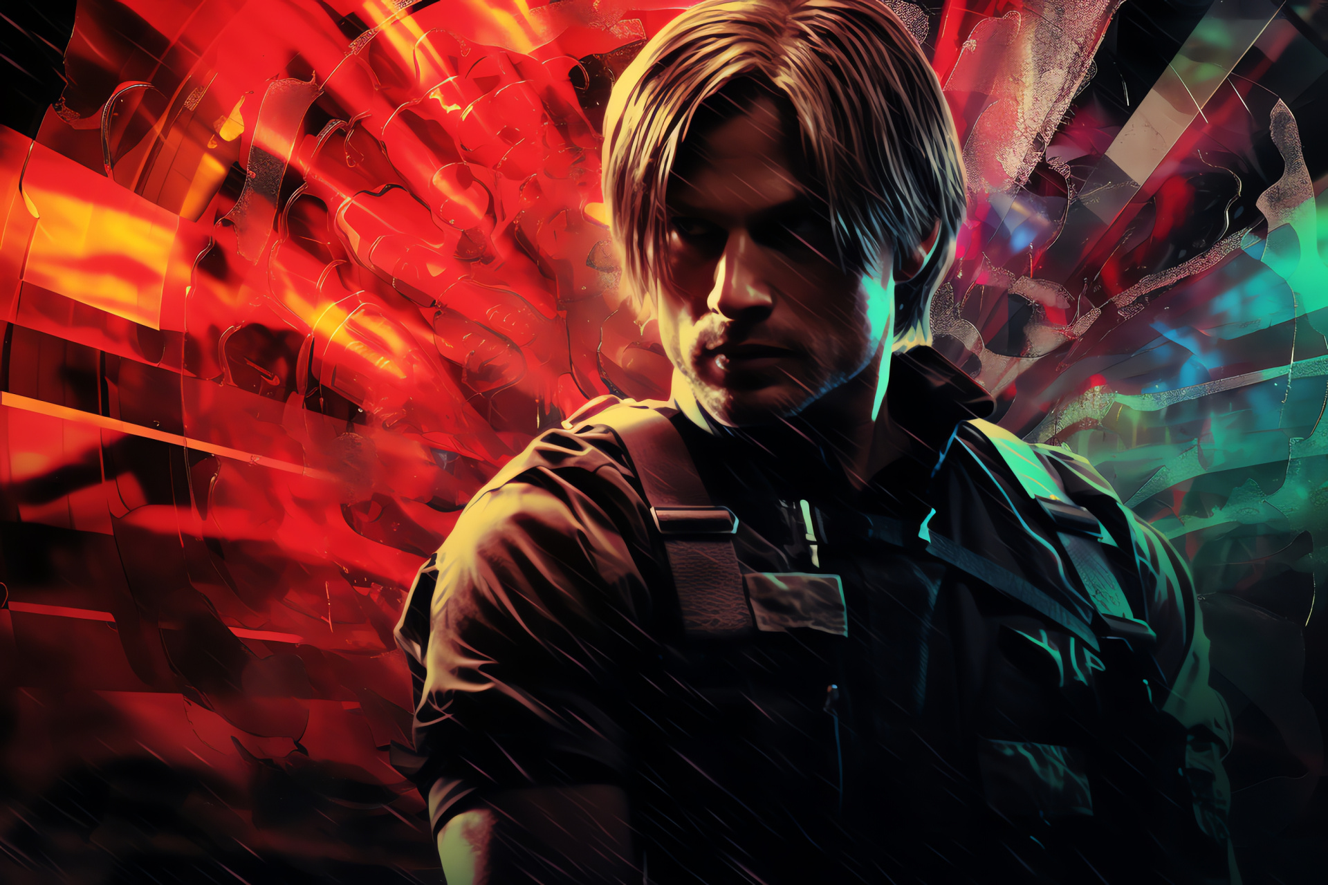 Leon S. Kennedy, cobalt orbs, brunette coiffure, police attire, standard Matilda sidearm, HD Desktop Image