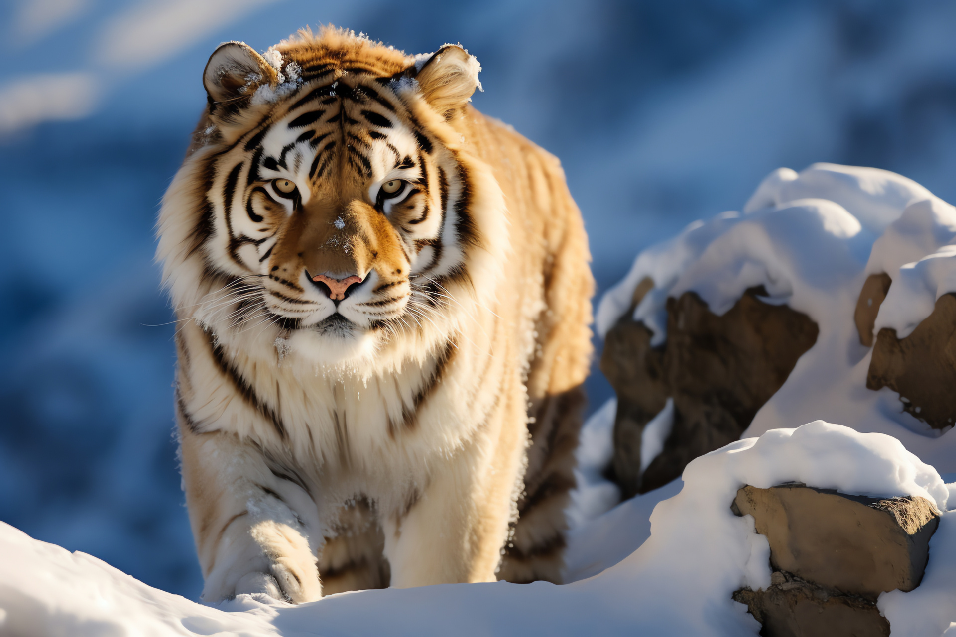 Snow Tiger prowess, amber gaze, golden snowy coat, stealthy mountain predator, barren highland domain, HD Desktop Image