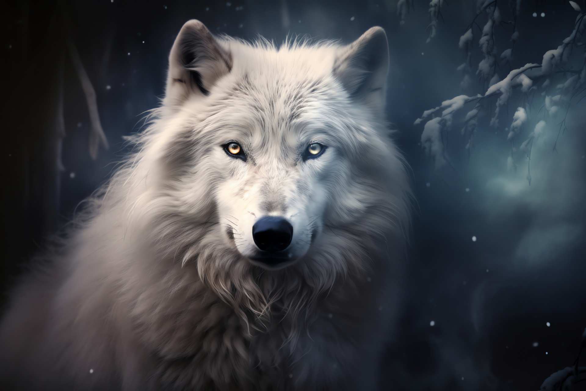 Lone Wolf, reflective eyes, unblemished fur, tranquil glade, ethereal fog, HD Desktop Wallpaper