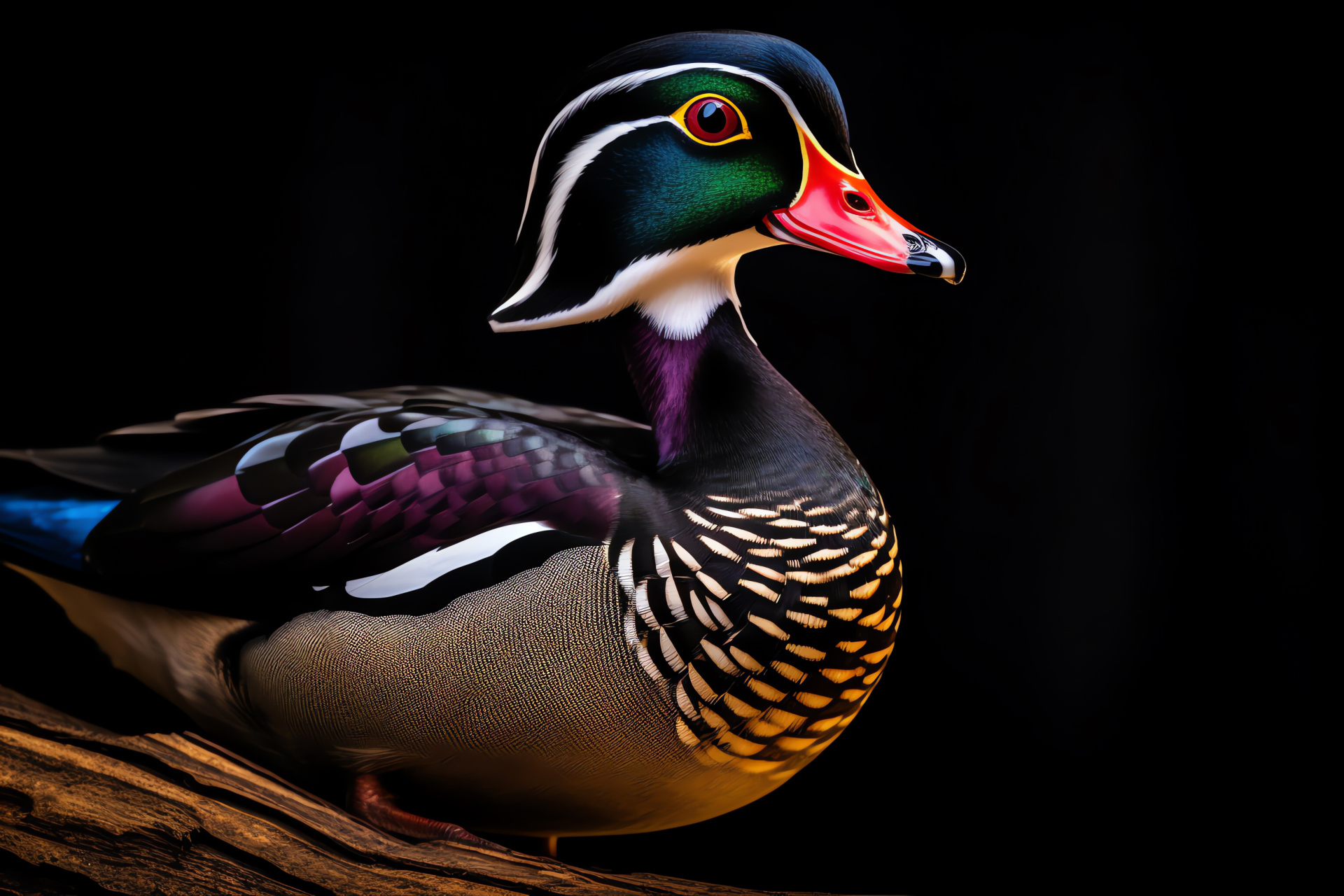 Aix sponsa on calm, multicolor reflective feathers, darkest remote backdrop, complex plumage design, HD Desktop Wallpaper