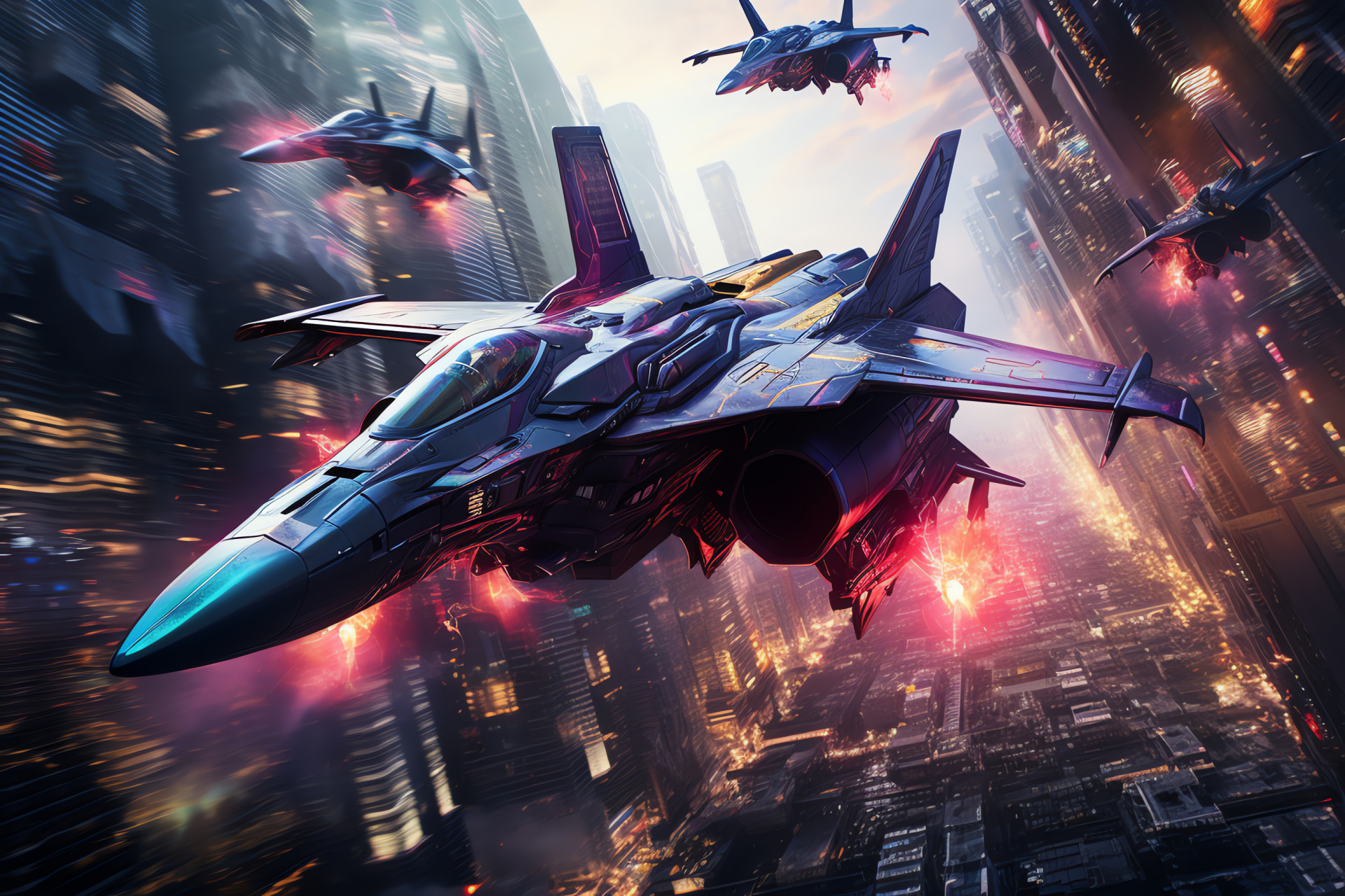 Space fighters, Metropolis skyline, Effervescent city life, Disorderly display, Aerodynamic contours, HD Desktop Image