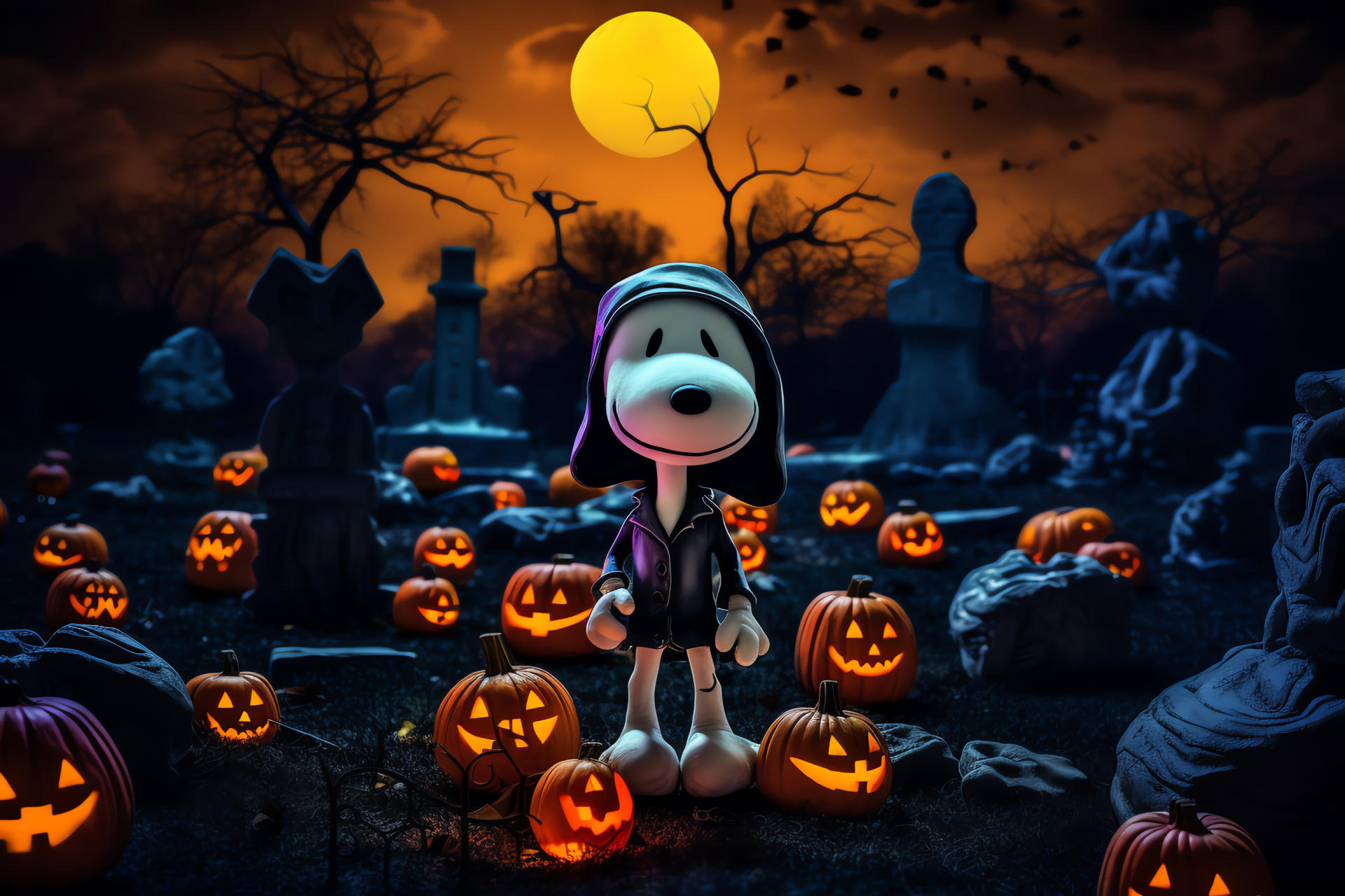 Fright night Snoopy, mummy costumes, creepy graveyard setting, carved jack-o'-lanterns, Halloween mischief, HD Desktop Image