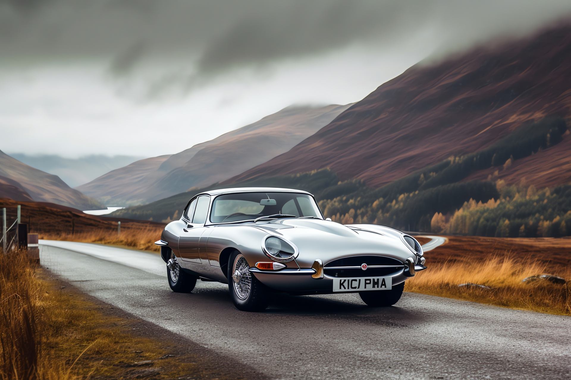 Jaguar E-Type Highlands, Vintage British sports car, Scottish silver Jaguar, Fabled car model, Highland fog backdrop, HD Desktop Wallpaper