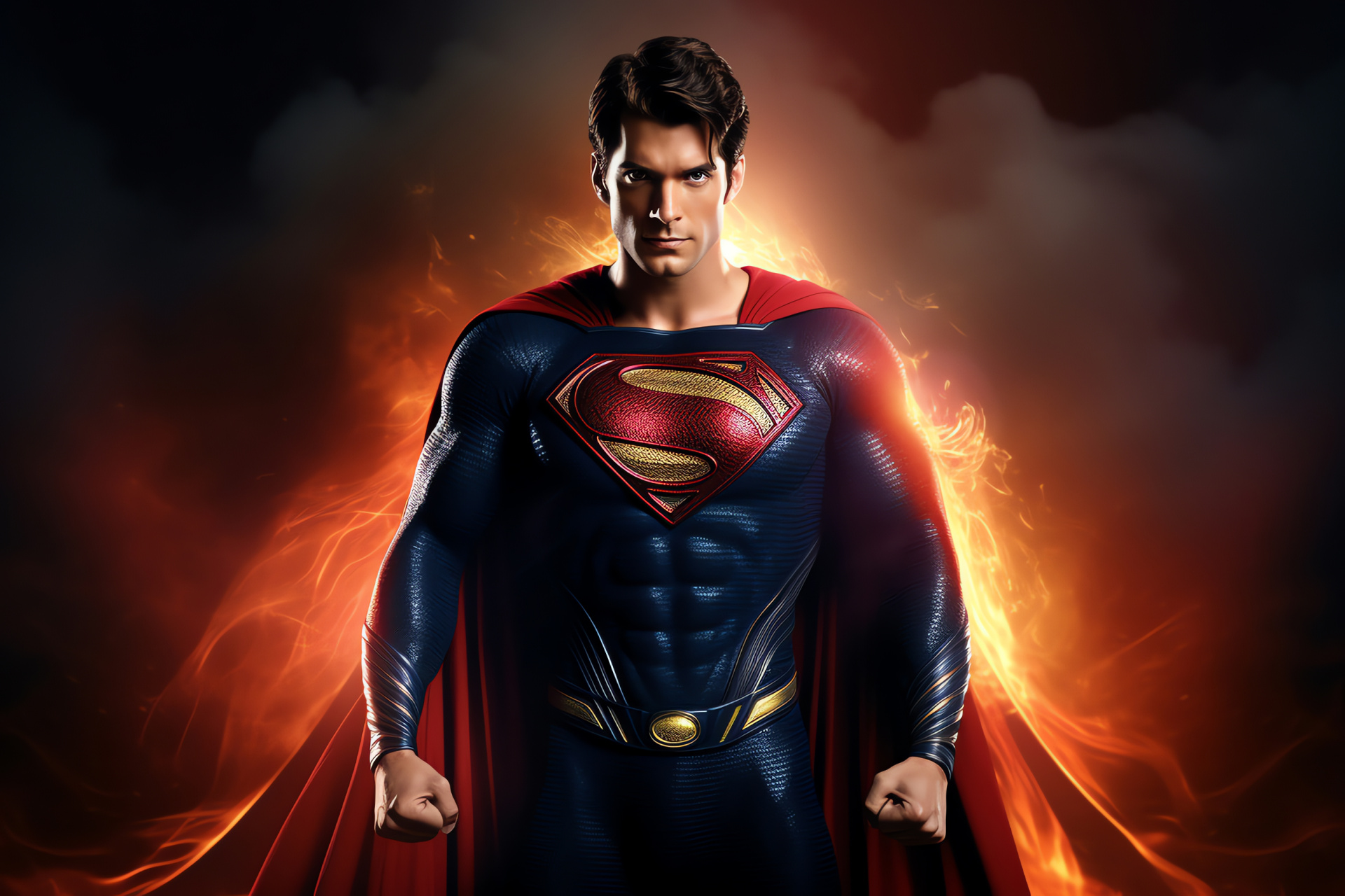 Superman's power pose, Heroic stance, Bold comic colors, Metropolis defender, Graphic art simplicity, HD Desktop Image