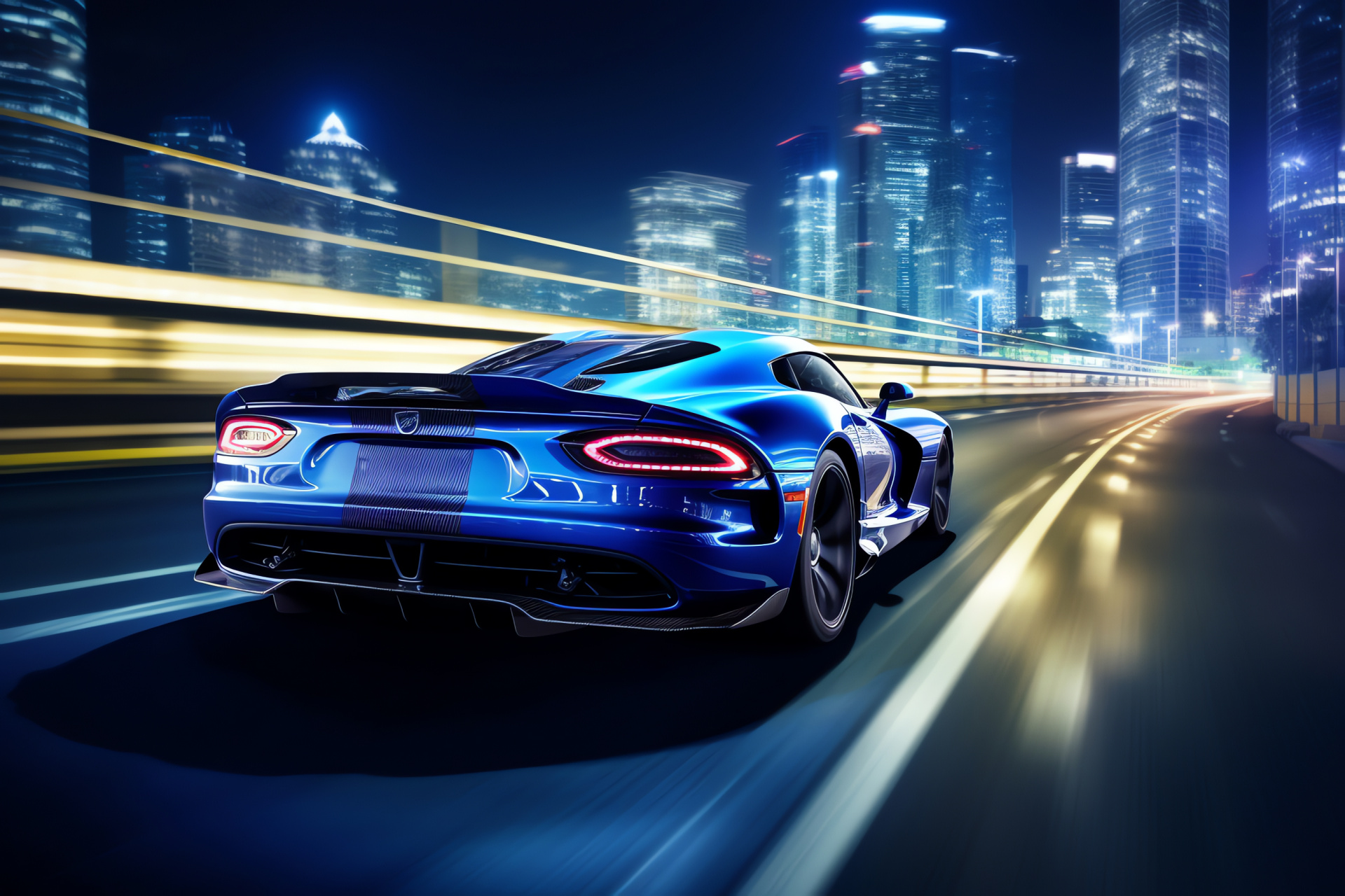 SRT Viper GTS, chrome blue, skyline reflection, futuristic city charm, performance aura, HD Desktop Wallpaper