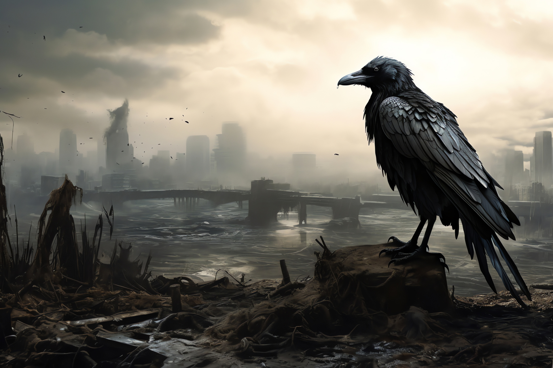 Raven, ash-gray plumage, brilliant white corneas, deserted urban landscape, expansive scenery, HD Desktop Image