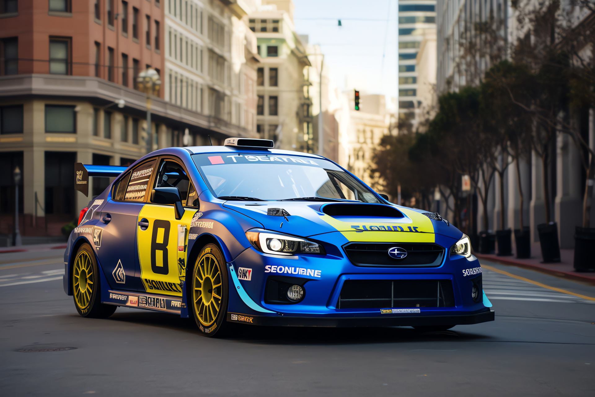 Rally-bred Subaru, Impreza WRX STI legacy, San Francisco rally icon, Aggressive aerodynamics, Cityscape speed chase, HD Desktop Image