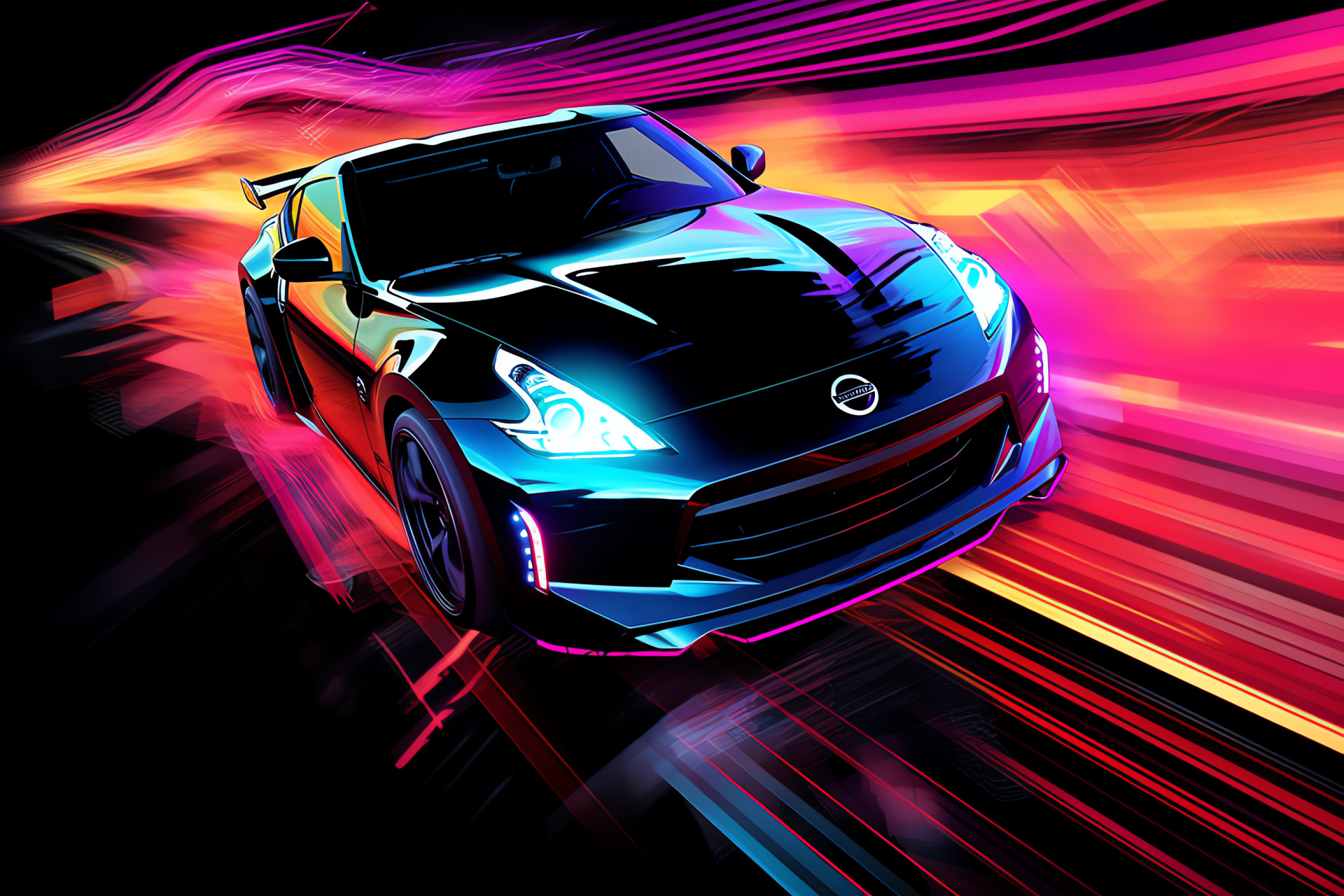 Nissan 370Z dynamics, adrenaline-fueled motorsport, illuminated racetrack, contemporary vehicle design, fast-paced competition, HD Desktop Image