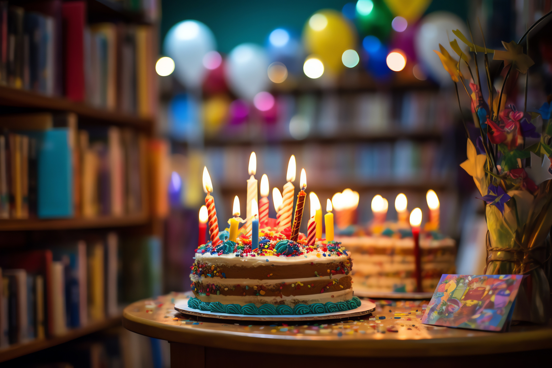 Literary birthday celebration, private library coziness, book-lined shelves, quiet reading spaces, intellectual festivity, HD Desktop Image