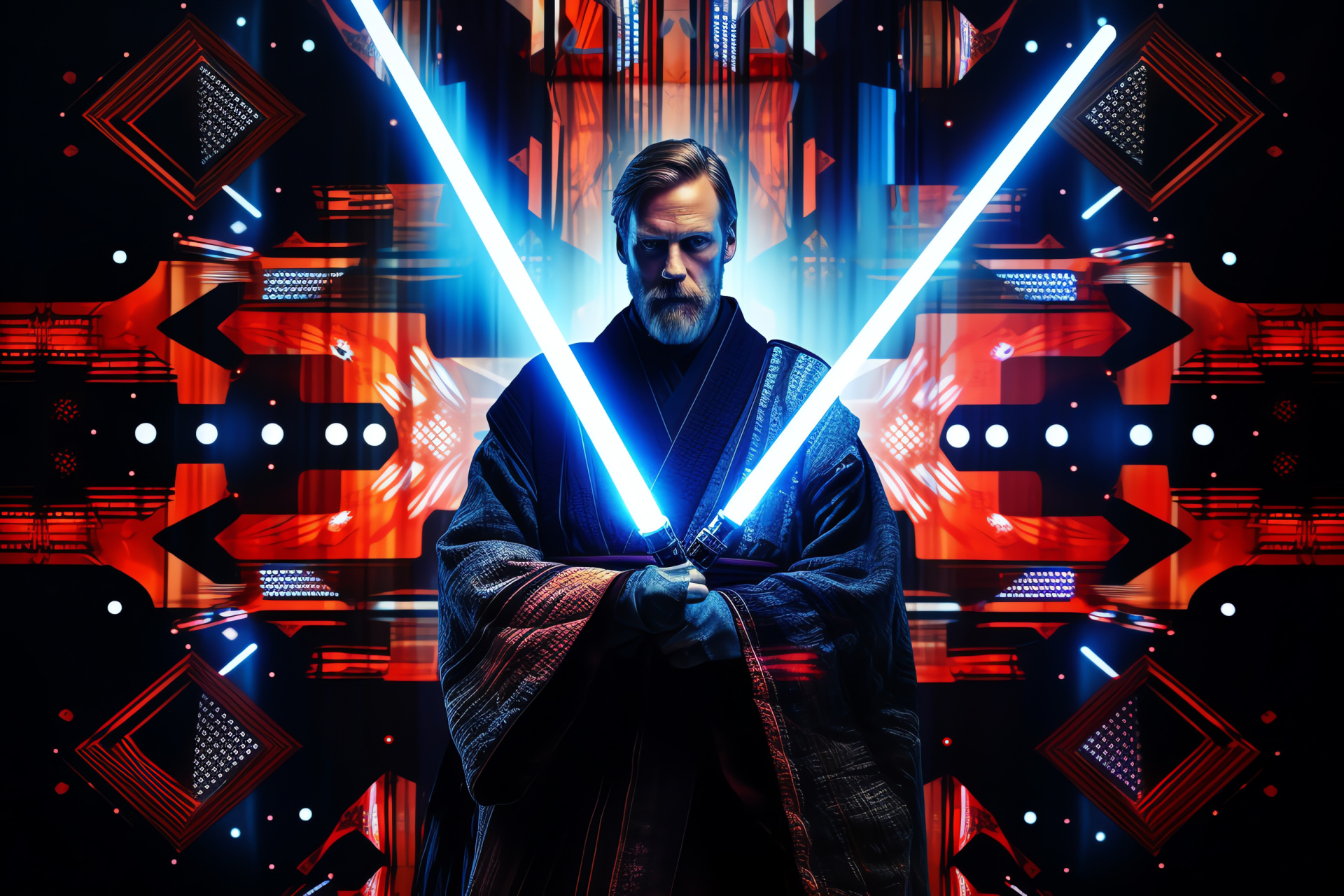 Jedi master icon, Galactic weapon, Star Wars motif, Dark hue, Crimson shade, HD Desktop Wallpaper